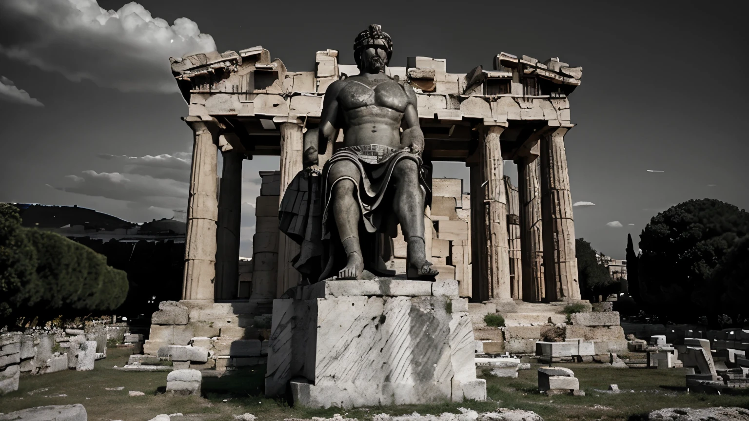 A dark landscape image of an ancient rich society deeply connected to wealth, black and white, ancient greek architecture, include one single big statue of a stereotypical strong greek rich man, marcus aurelius