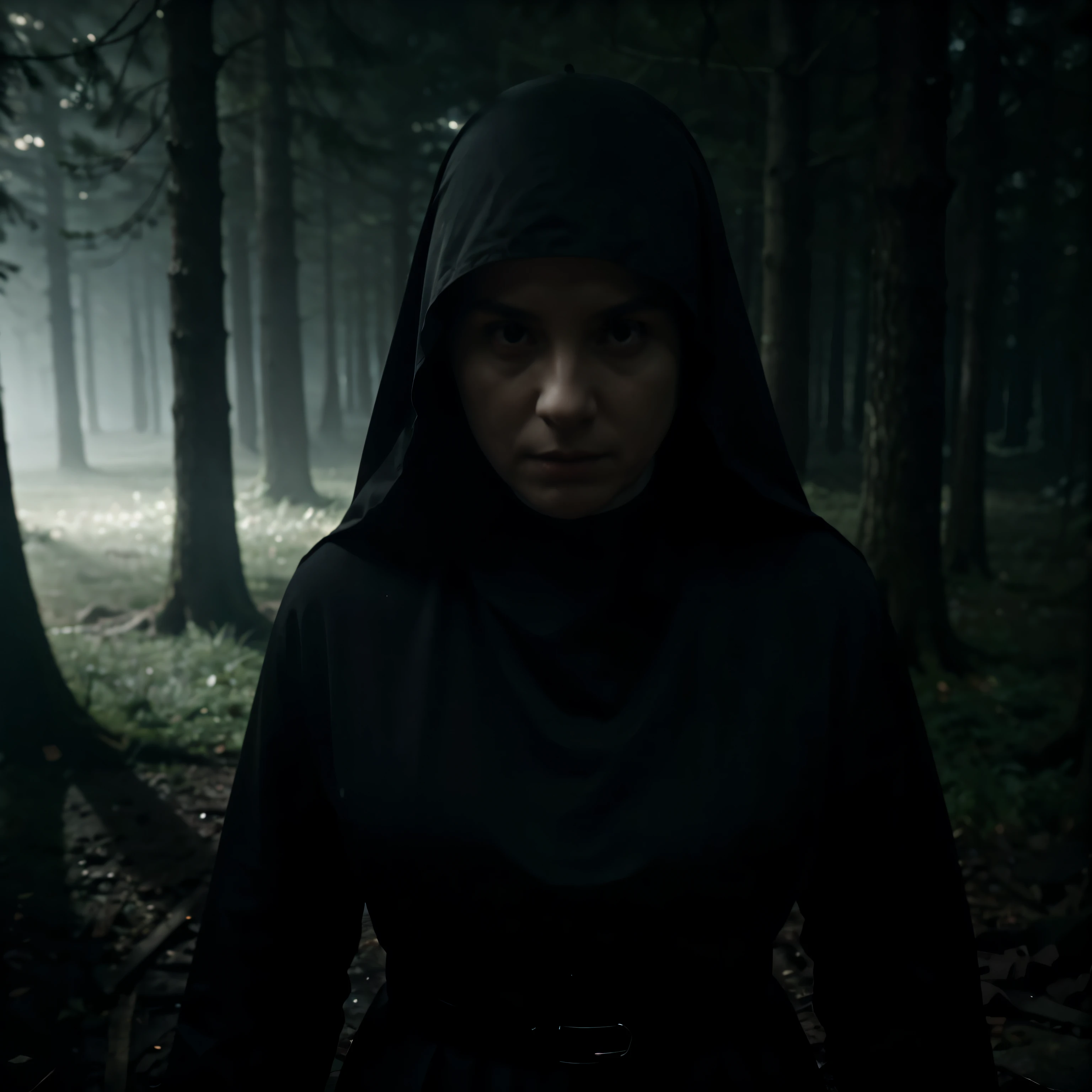 A nun walking in a dense and mysterious forest at night, shrouded in mist, close-up, ultra-realistic, e uma atmosfera de terror. The scene is already shrouded in darkness, com a noite totalmente resolvida, but the camera adds a touch of ambient light, casting a strange glow into the mist that envelops the nun's face, que parece ter uma idade um pouco mais velha, adding an extra layer of frightening intensity to the scene.