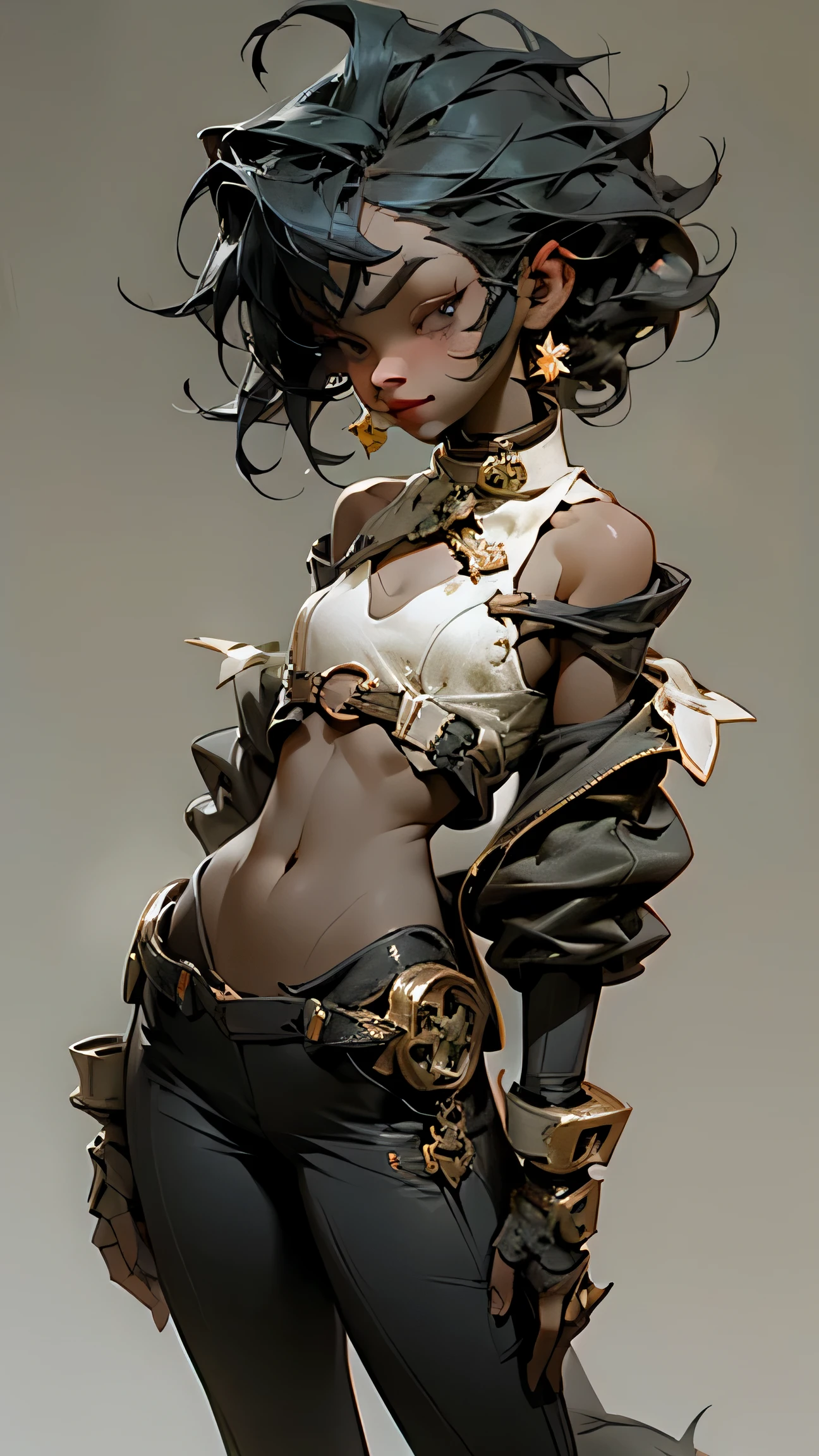 1 beautiful girl of the dragon race (18 anos), (pele escura:1.3), mechanical body, olhos escuros, tronco, cintura fina, peito pequeno natural, pose sexy, seductive expression, franja, Random hairstyle, decote, umbigo, colarinho, colarinhobone, fora do ombro, sorriso sedutor, use roupas quentes e sexy com detalhes complexos, Dragon Costume, Cor azeitona, random light color, Corpo todo. cor cinza lisa para fundo