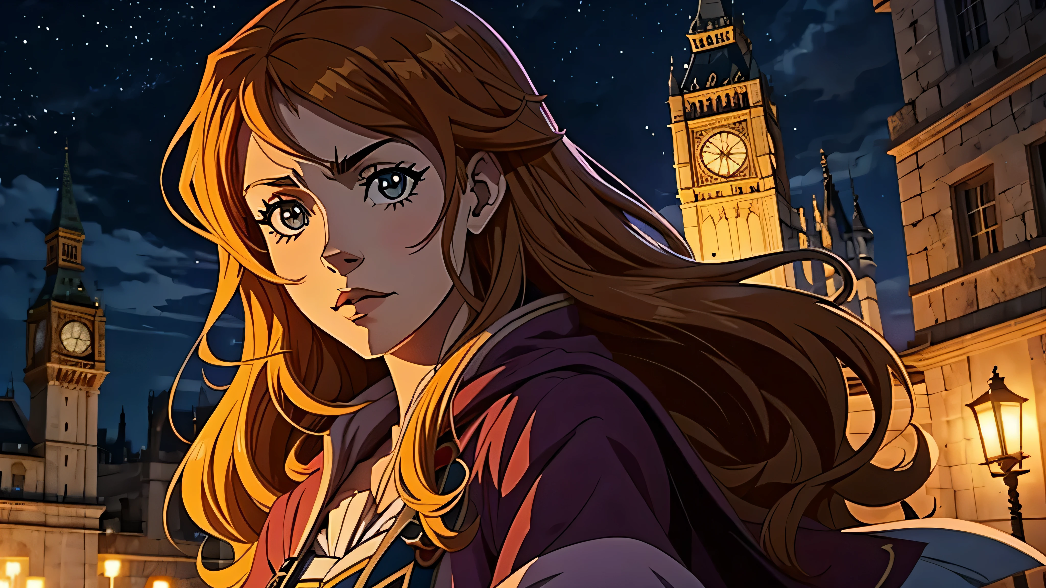 garota de anime, hermione, linda, castelo, noite, chuva