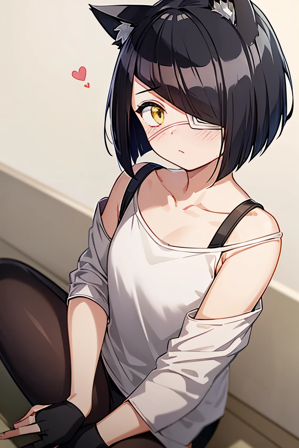 girl, nakanaka_omoharu, black hair, short hair, flat chest, golden eyes, white eye patch, casual outfit, black shirt, oversized shirt, off shoulder, fingerless gloves, black socks, cat ears, heart hands, shy, blush, averting gaze