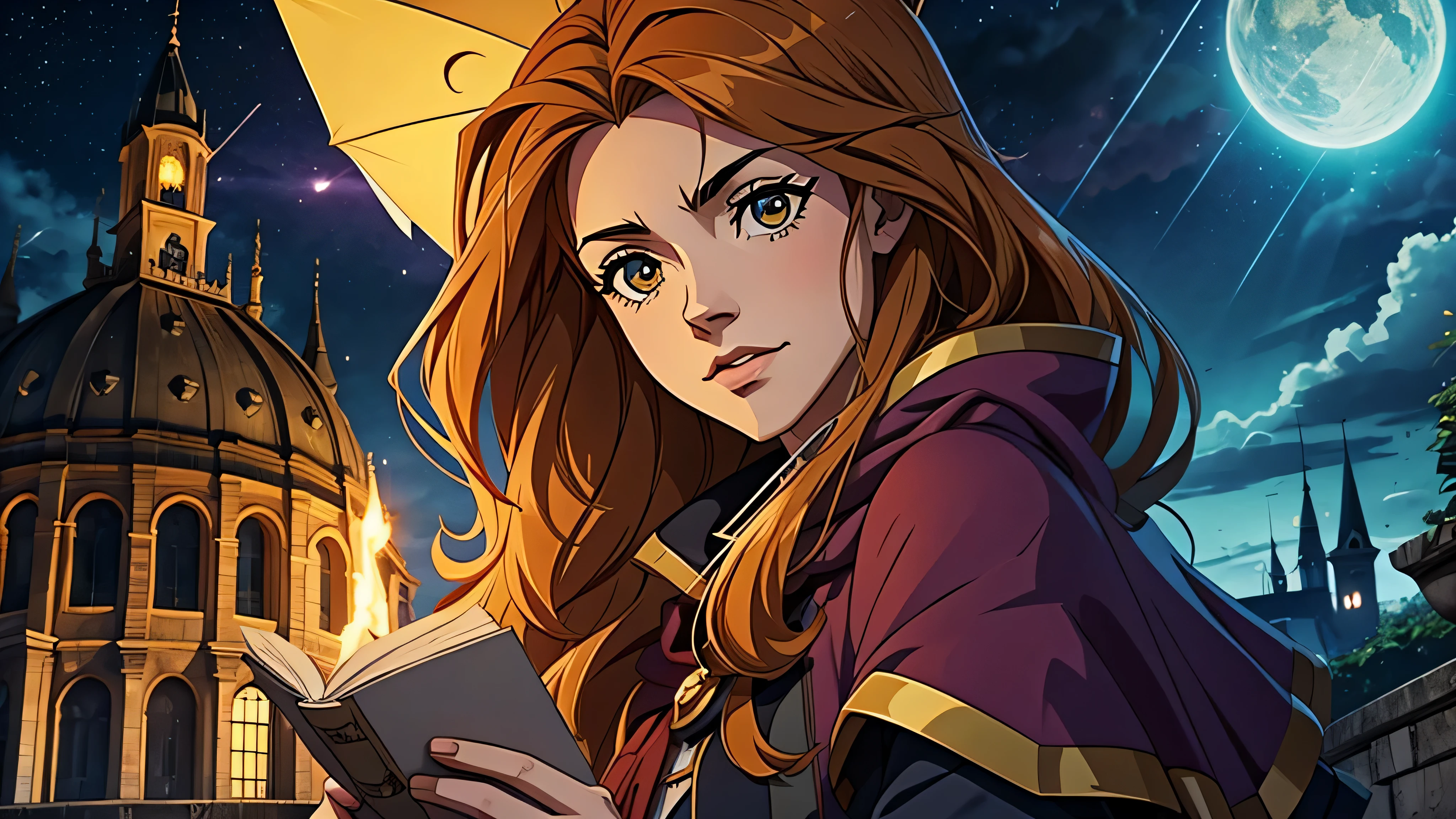 garota de anime, hermione, linda, castelo, noite, chuva