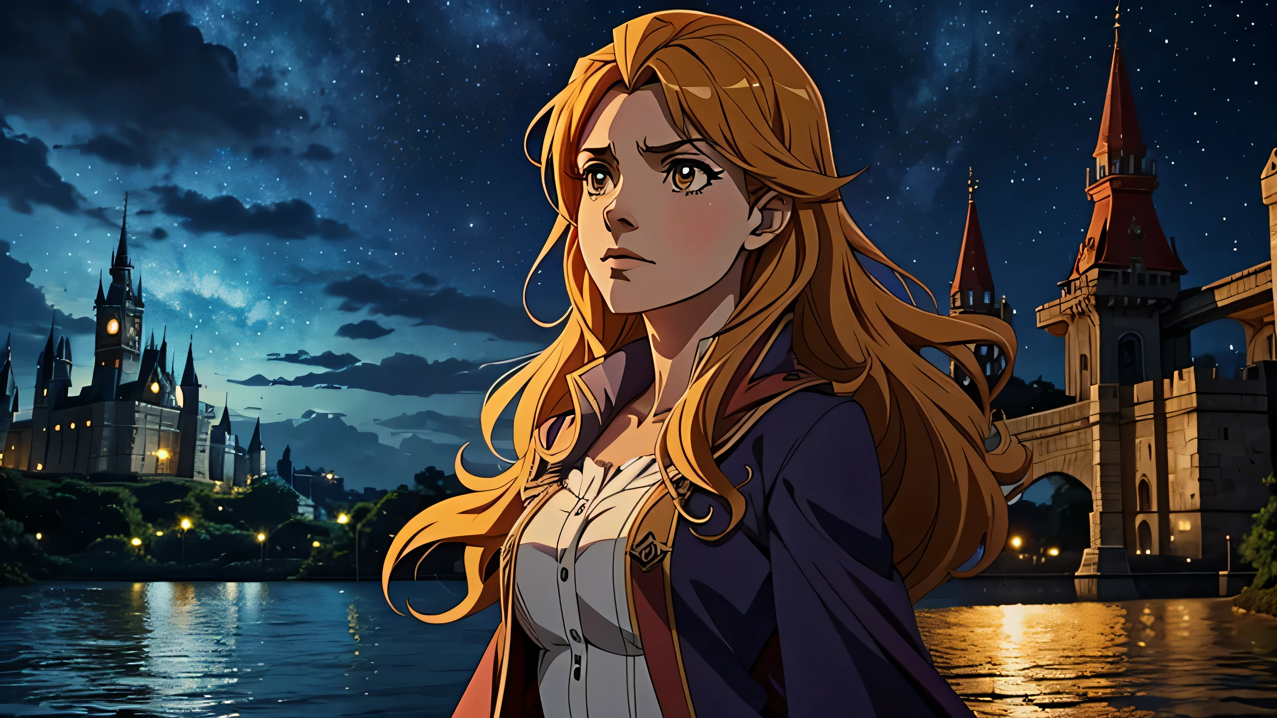 garota de anime, hermione, linda, castelo, noite, chuva