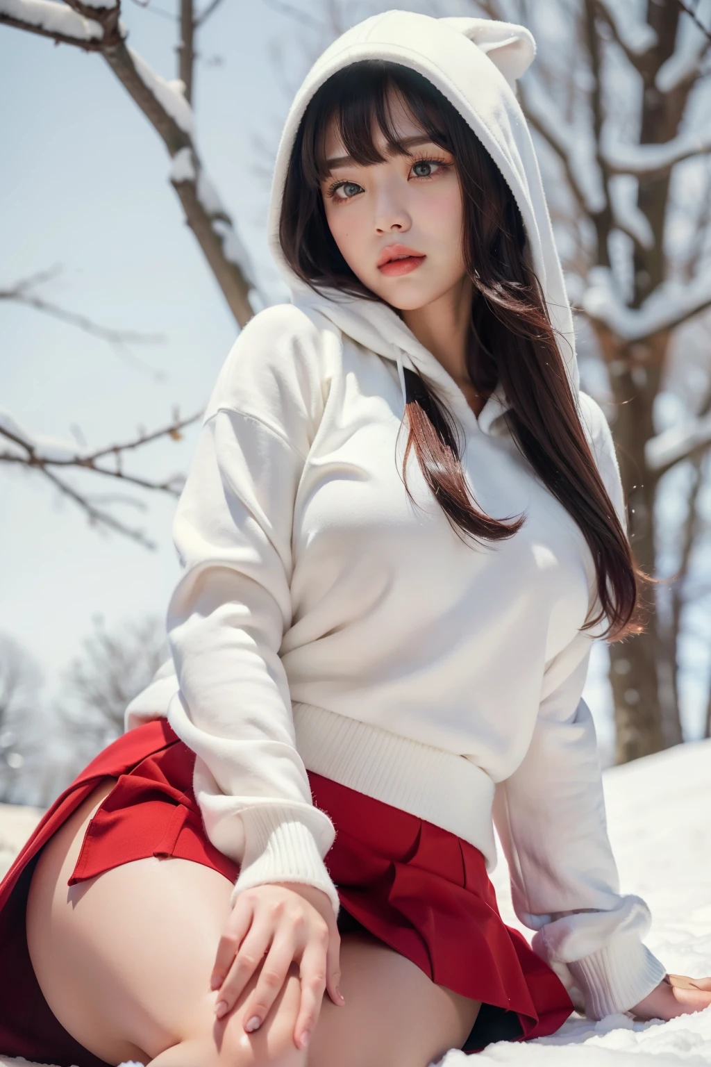 (masterpiece, best quality, cinematic, photorealistic, ultra-detailed), 1girl, thicc, (medium shot, from below:1.5), (Korean girl), (long sleek red hair, with bangs), perfect hands, perfect face, (bursting breasts:1.4), round ass, (white and smooth complexion), (wears white hooded and furred sweater, black shirt and skirt:1.3), (seductive pose), (green eyes, detailed pupils, blushing, slightly parted lips, nude lips), sitting crossed legs, (snowy background)