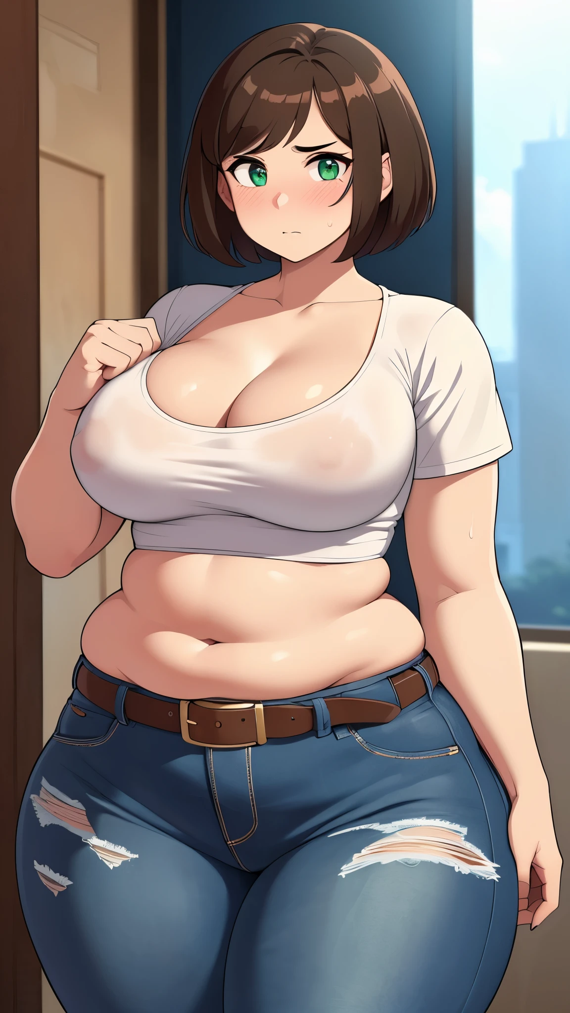 ((Masterpiece)), perfect anatomy, perfect shading, field of depth, (best quality), extremely delicate and beautiful, perfect lighting, detailed face, ultra cute face, cute, (cowboy shot 1.2), (((1girl))), ((solo)), looking at viewer,
short hair, fluffy hair, brown hair, green eyes, ((Blush)), shy, nervous, (crop top 1.5), (jeans 1.2), belt, extremely tight clothes, large breasts, cleavage, ((wide hips)), ((thick thighs)), ((chubby)),
fast food restaurant, intricate background, detailed background,