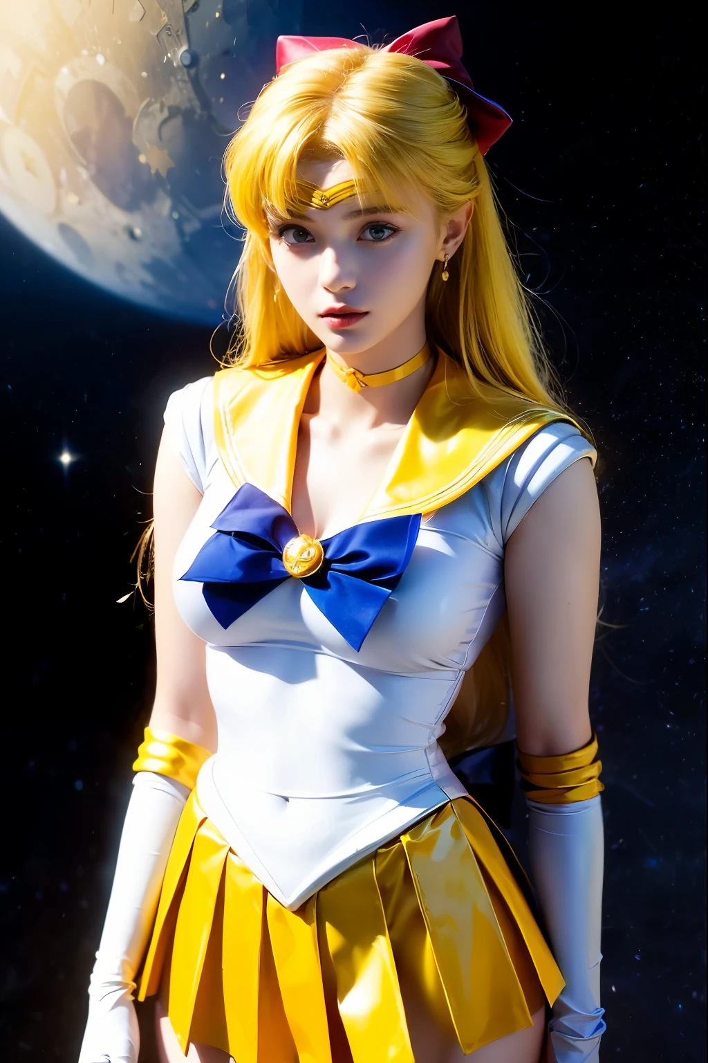 ((masterpiece:1.4)、(highest quality:1.4)、(realistic:1.7))、Masseter muscle part:1.4、beautiful girl、(sailor moon:1.4)、Tsukino Usagi、Body fit sexy sailor warrior uniform、(latex shiny)、(The jacket is a white sleeveless sailor uniform.)、(Skirt Blue Sexy Ultra Ultra Pleated Mini Skirt)、The collar of the sailor suit is blue with two thin lines..、high leg swimsuit、red cloth decoration on the chest、(wearing white gloves)、pretty girl、Super beautiful、sharp focus、portrait photography、(perfect female body:1.4)、perfect proportions、Upper body shot:1.4、beautiful face、beautiful eyes、tight waist、beautiful feet、(yellow hair:1.4)、(hair length:1.2)、beautiful breasts、big and full breasts:1.2、sexy ass、RAW photo、red lips、red high heels:1.4、choker:1.4、necklace:1.4、earrings:1.4、luxurious golden tiara:1.4、1 screen display、moon、cosmos、spaceship、space station、city of the future