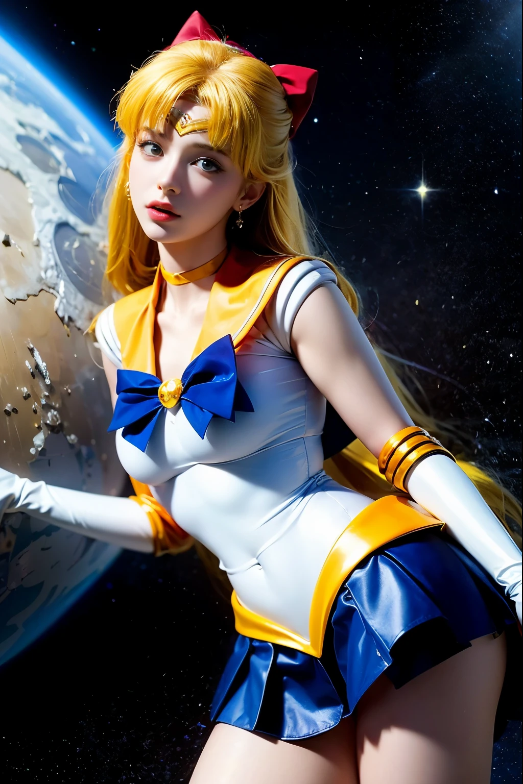 ((masterpiece:1.4)、(highest quality:1.4)、(realistic:1.7))、Masseter muscle part:1.4、beautiful girl、(sailor moon:1.4)、Tsukino Usagi、Body fit sexy sailor warrior uniform、(latex shiny)、(The jacket is a white sleeveless sailor uniform.)、(Skirt Blue Sexy Ultra Ultra Pleated Mini Skirt)、The collar of the sailor suit is blue with two thin lines..、high leg swimsuit、red cloth decoration on the chest、(wearing white gloves)、pretty girl、Super beautiful、sharp focus、portrait photography、(perfect female body:1.4)、perfect proportions、Upper body shot:1.4、beautiful face、beautiful eyes、tight waist、beautiful feet、(yellow hair:1.4)、(hair length:1.2)、beautiful breasts、big and full breasts:1.2、sexy ass、RAW photo、red lips、red high heels:1.4、choker:1.4、necklace:1.4、earrings:1.4、luxurious golden tiara:1.4、1 screen display、moon、cosmos、spaceship、space station、city of the future