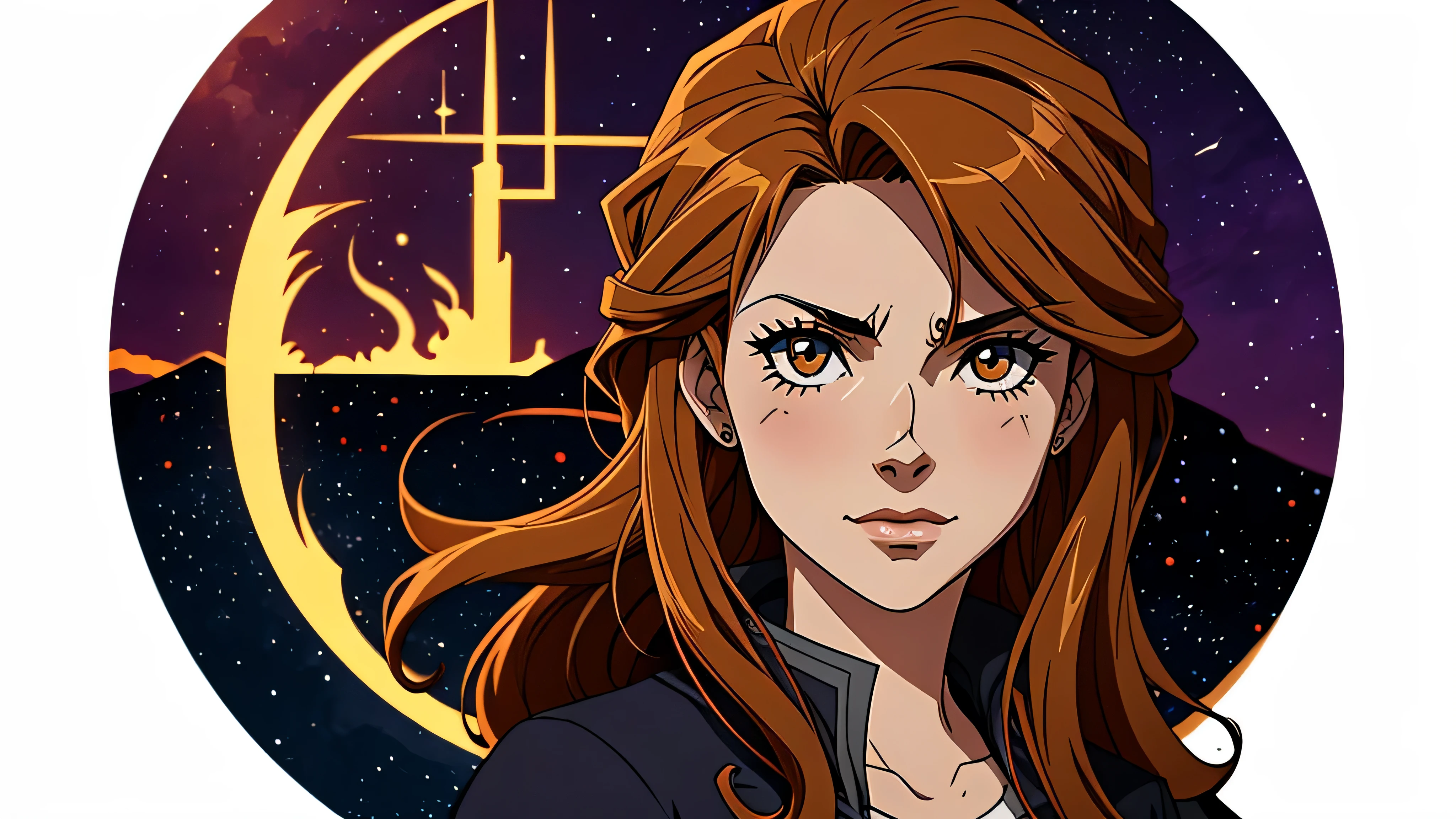 melhor qualidade, garota de anime, hermione, linda, noite, fundo preto, fogo, raios