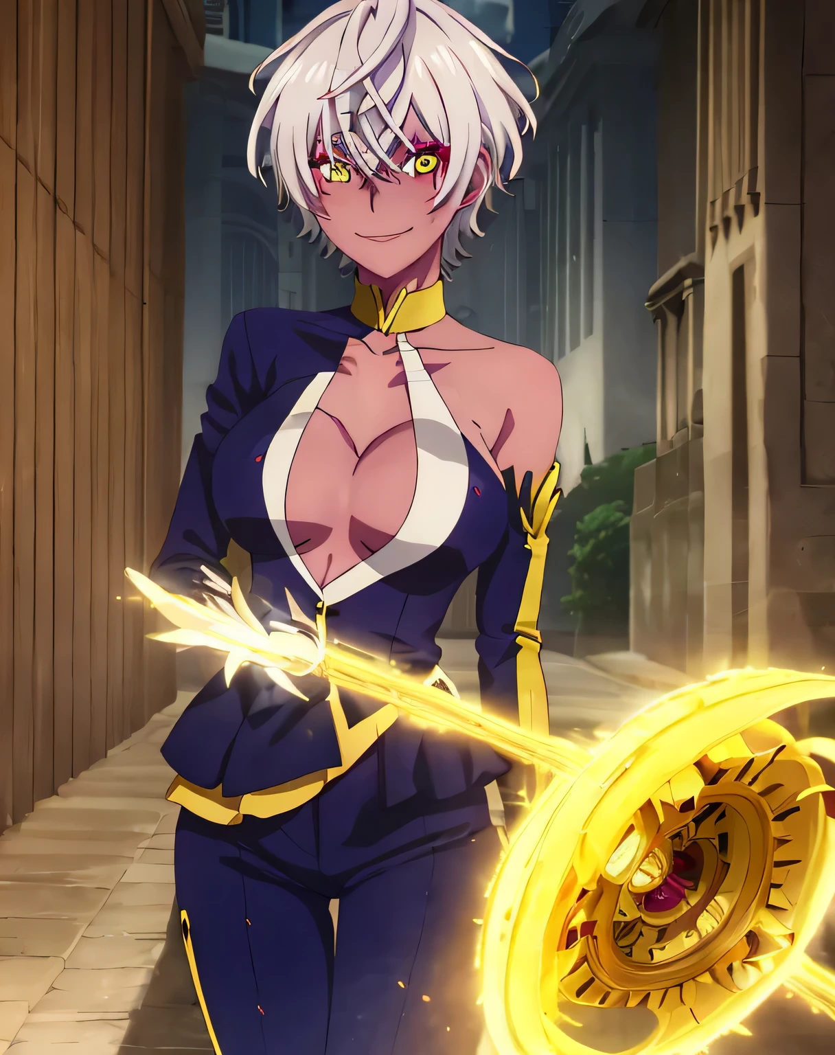 HELL, SHORT HAIR, (YELLOW EYES:1.3), WHITE HAIR, DARK SKIN, DARK-SKINNED FEMALE, FACIAL MARK, PANTS, CLEAVAGE, BARE SHOULDER, LONG SLEEVES, BARE ARM, COLLARBONE, 1girl, solo, upper body, facing viewer, (looking at viewer:1.5), in the center, smile,