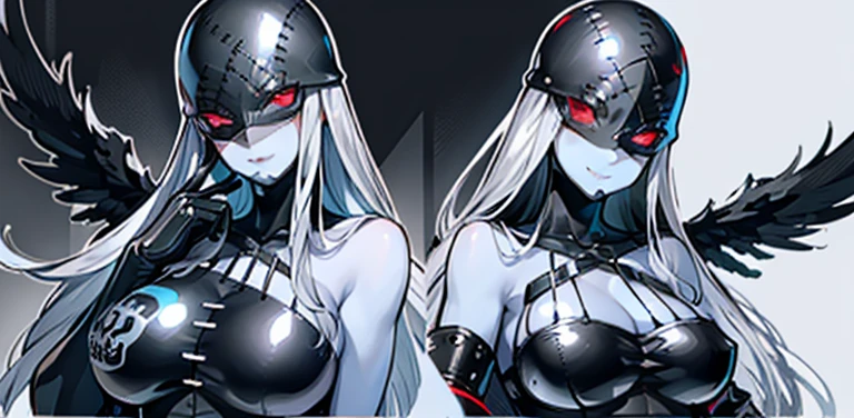 woman, detailed body, large bust, sky blue skin, long straight gray hair, very fitted black leather suit that sticks to the skin, flirtatious smile, casual pose, leather mask that covers her head and ends under her eyes, eyes red, ultra detailed, fine nose, only one person, stage, forest