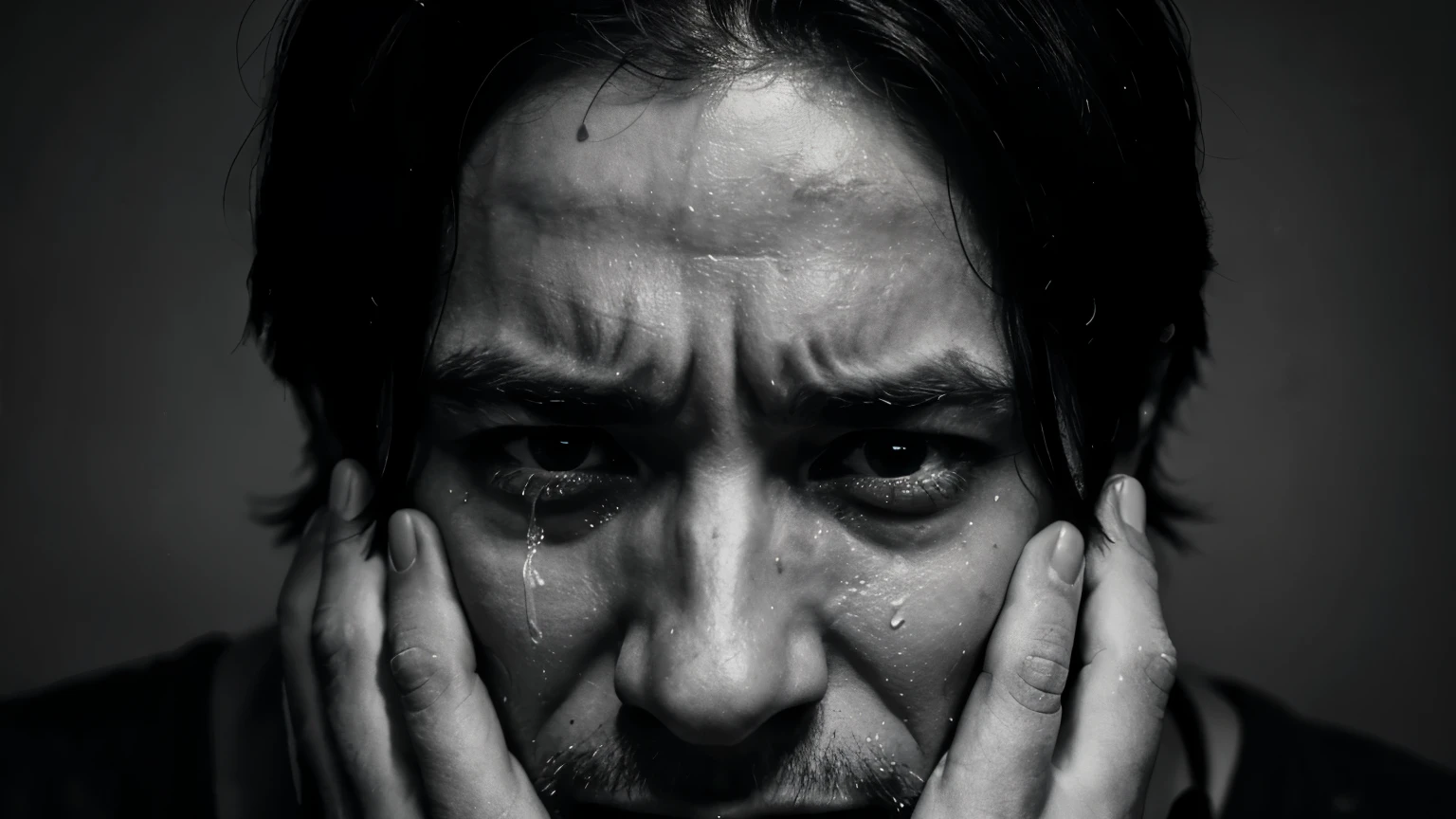 A man crying with a face full of tears in black and white colors