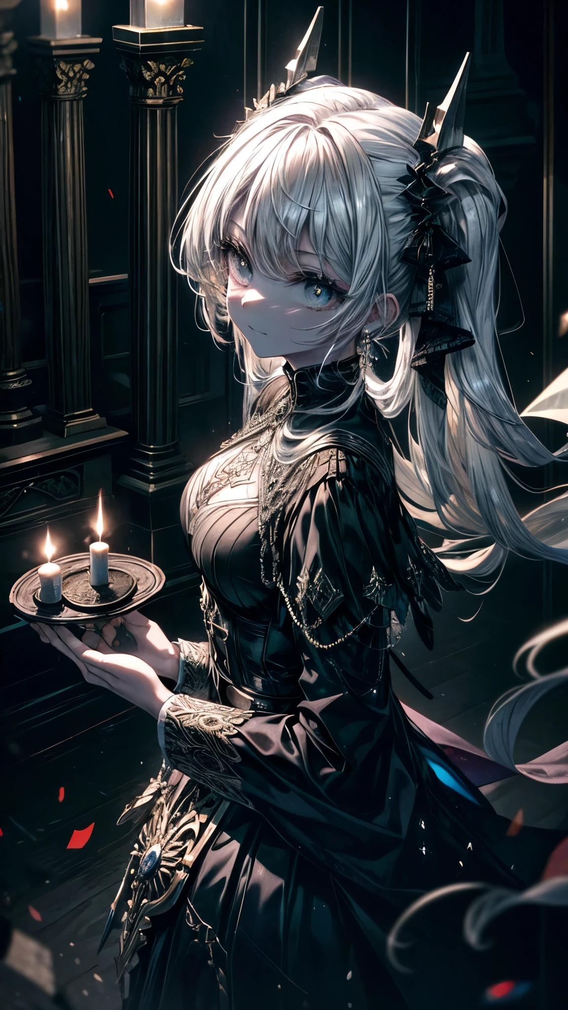1 chica, mysterious expression, ojos penetrantes, Cabello negro largo y suelto, gothic costume, enigmatic smile, pale complexion, stylish features BREAK dramatic high angle shot, (panoramic view:1.2), Symmetrical composition, Altamente monocromo, sombras profundas, Destacados sutiles, Disturbing mood, artistic details BREAK ancient cathedral, vidrieras, Pilares ornamentados, velas parpadeantes, ethereal atmosphere, susurros secretos, belleza eterna, absurdos, high resolution, Single, Obra maestra