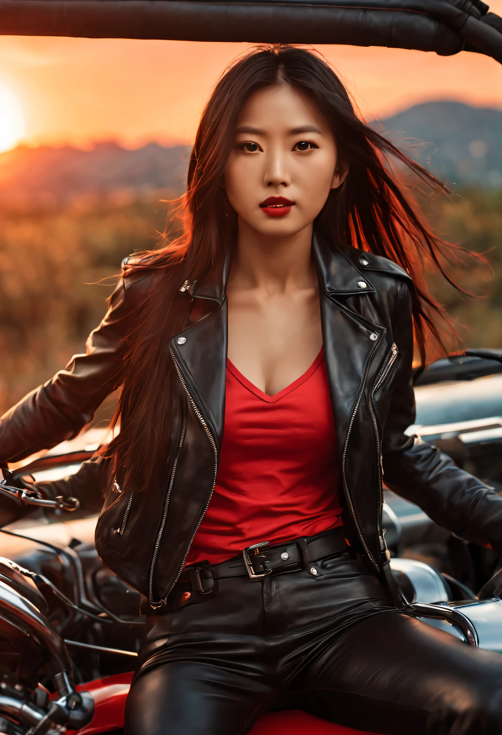 fille japonaise sexy de 30 ans. cheveux longs, blouson perfecto en cuir noir tee-shirt rouge. Realistic photo like real picture, lumière douce du coucher du soleil au volant d&#39;une voiture tout-terrain. 