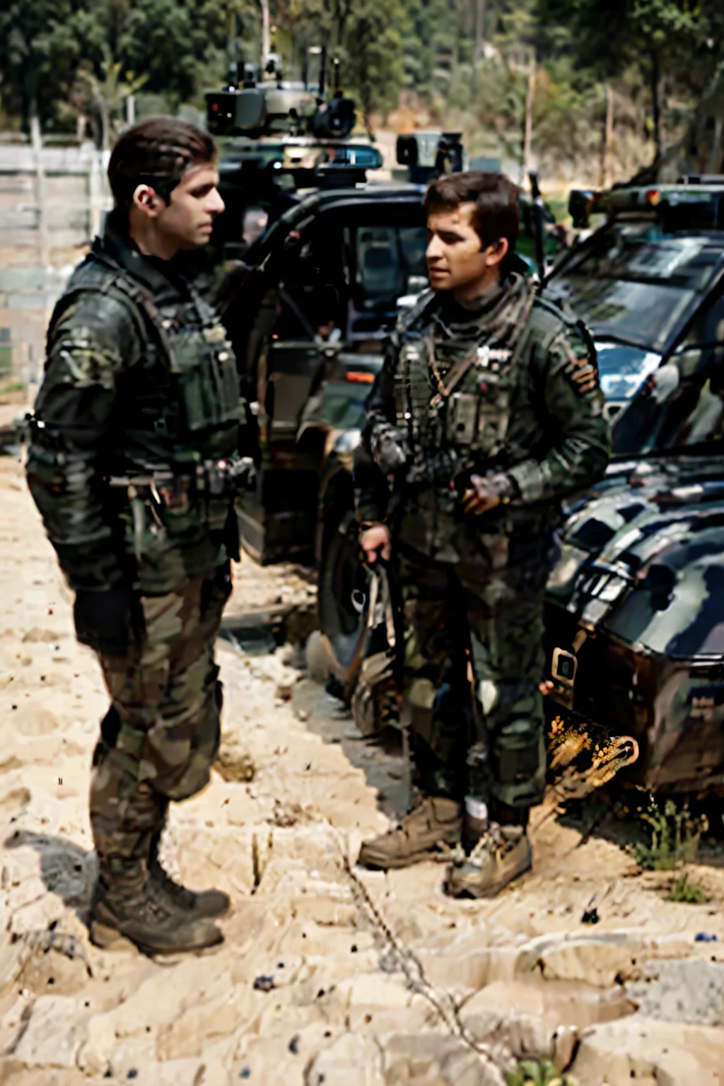 (a male army colonel standing next to a vehicle talking to soldiers nearby), photo realistic, futuristic army base, military officers talking near vehicles, hyper realistic