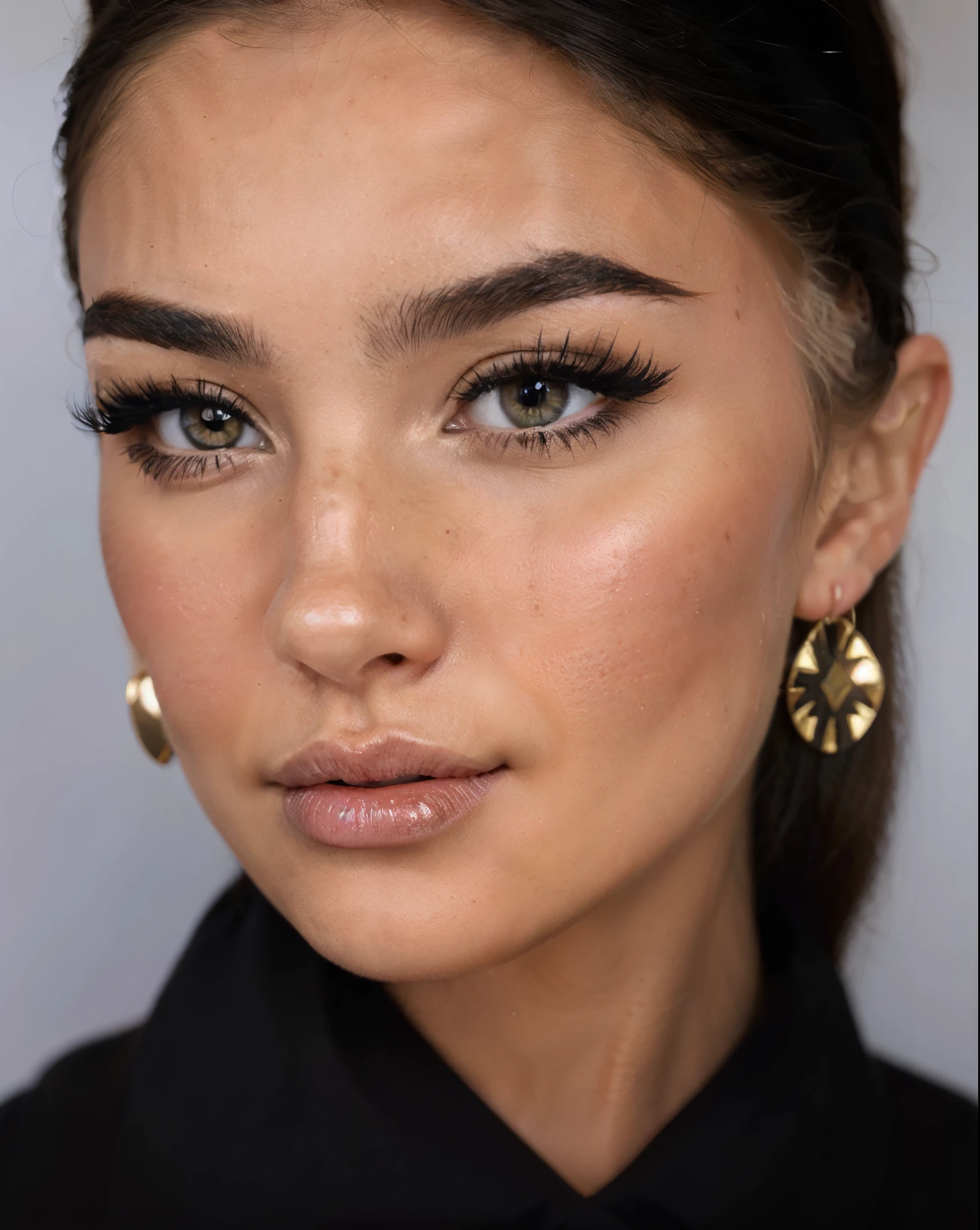 Un primer plano de una mujer con una camisa negra y aretes dorados, Cara sexy con maquillaje completo, Piel de oliva impecable, Belleza asombrosa, olivia culpo, con maquillaje profesional, Cara de cerca, Impresionante primer plano, Retrato de primer plano de cara completa, cindy avelino, Cara impecable, Primer plano de la cara, Hermosa cara latina, cejas grandes y gruesas audaces