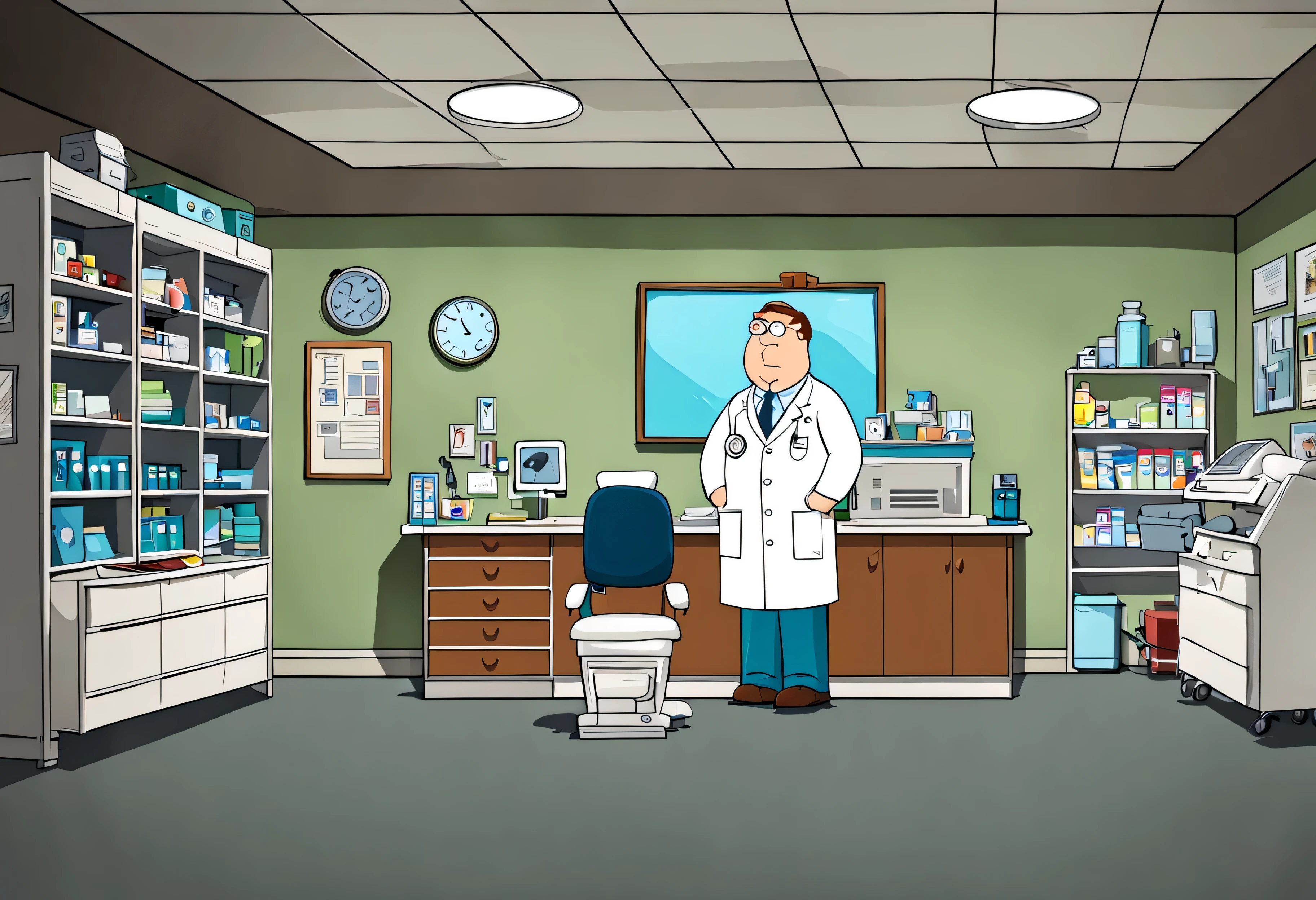 A cartoon clinic doctor office , in THE FAMILY GUY style, minimalist, wide angle, SIDE view, elevation