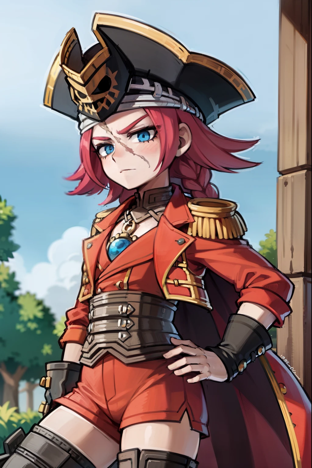 Francis drake,francis drake, blue eyes, long hair, pink hair, scar, braid, belt, black footwear, boots, corset, epaulettes, hat, jewelry, necklace, pirate, pirate hat, shirt, thighhighs, wrist cuffs, jacket, red jacket, Francisco Drake, olhos azuis, cabelo longo, Cabelo rosa, cicatriz, Braid, (peito grande:1.2), QUEBRAR belt, Black shoes, botas, espartilho, dragonas, tem, joia, colar, pirata, pirata tem, camisa, coxas, punhos de pulso, jaqueta, red jaqueta,