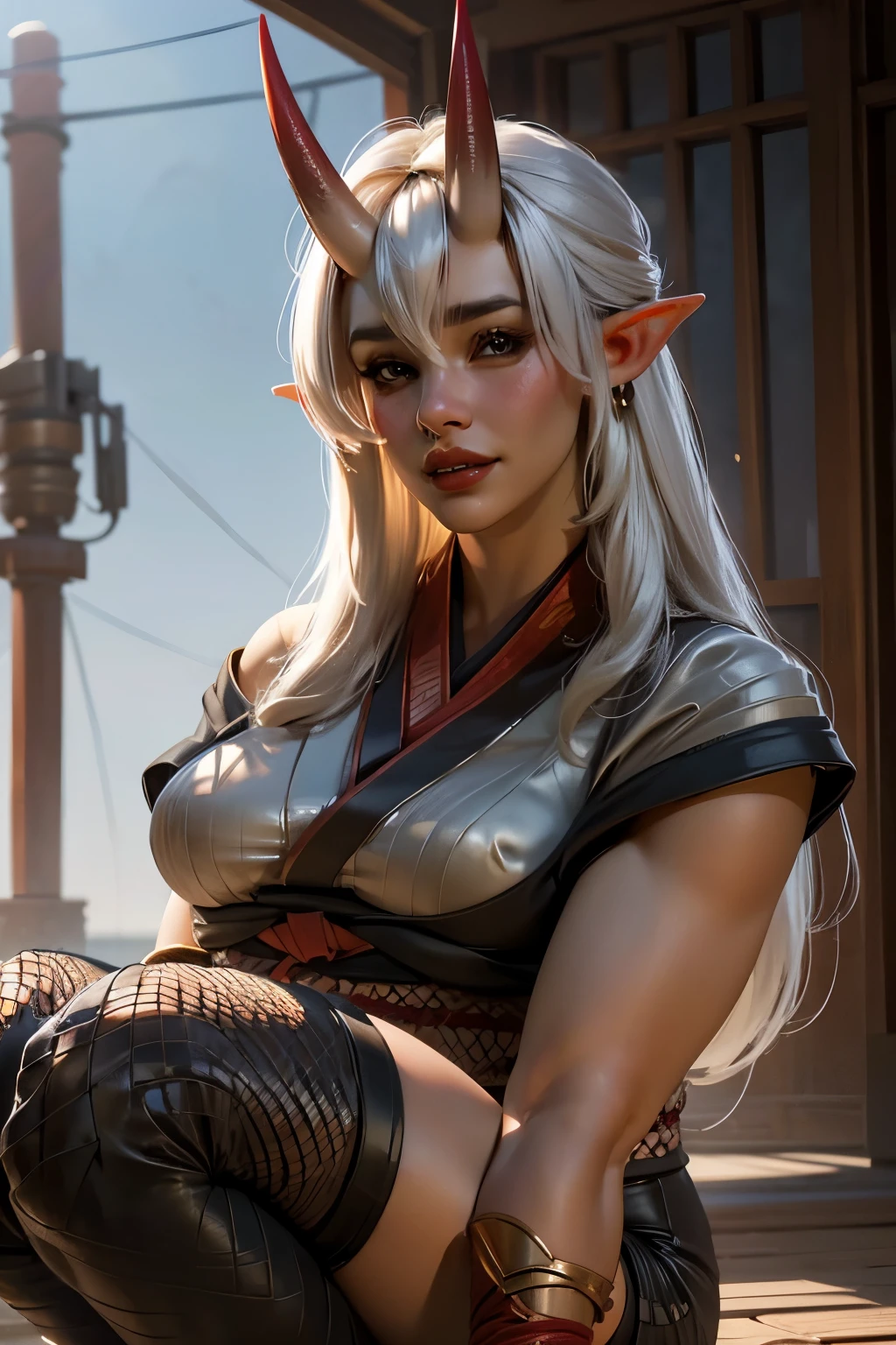 beautiful asian oni female warrior, wearing fishnet of shoulder kimono, squatting down with thick curvy mature body yet muscular, long and voluminous white hair blown by the wind, ((2 long oni horns)), reddish fair skin , perfect face features, expressive eyes , thick lips with a seductive grin, thin nose, 