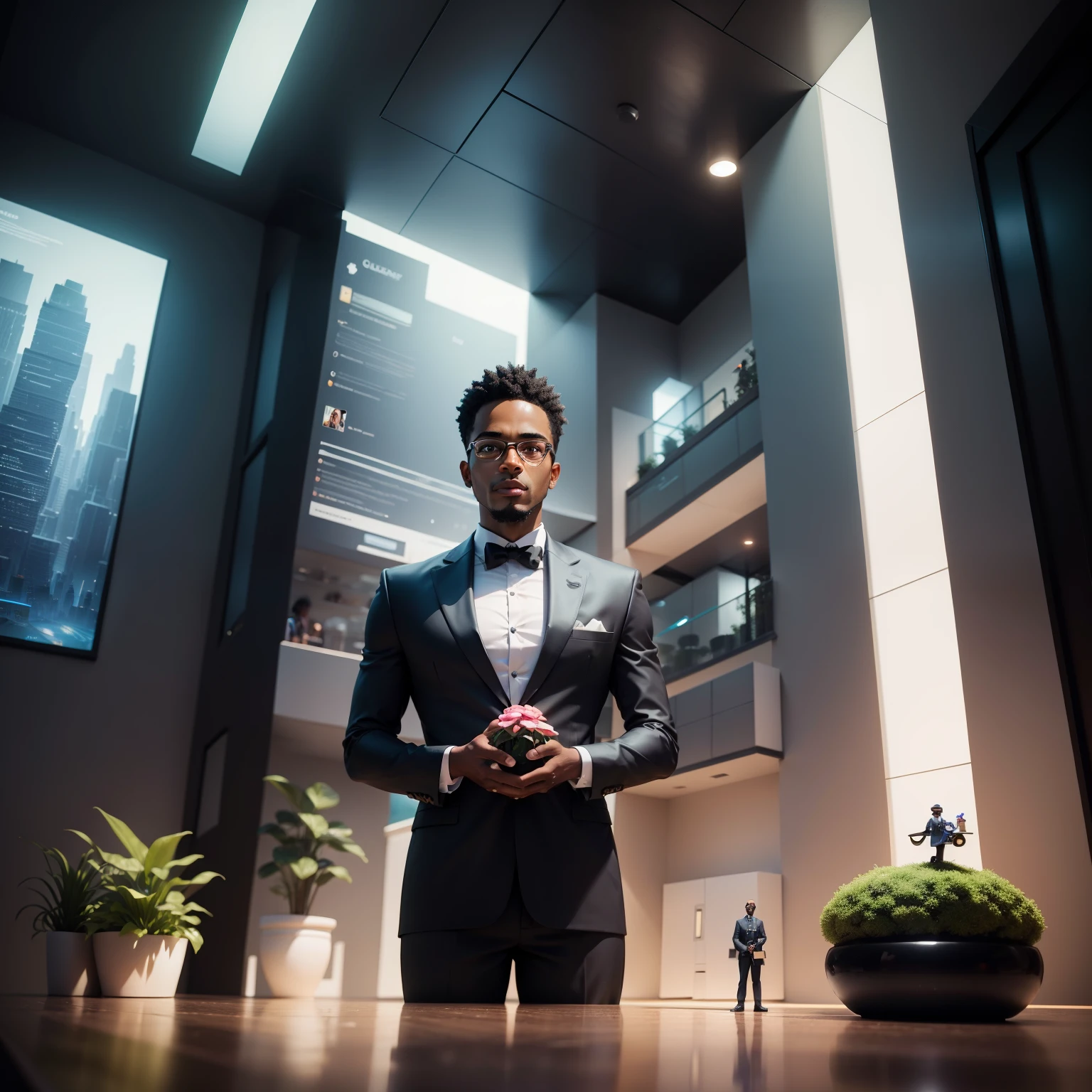 Disney Pixar-style illustration of a black man wearing ocluses dressed as a successful architect. He stands next to a 3D model of a futuristic building on a table, com plantas espalhadas. The setting is a brightly lit design studio and his expression is one of pride and determination., portraying your leadership and expertise in the area.