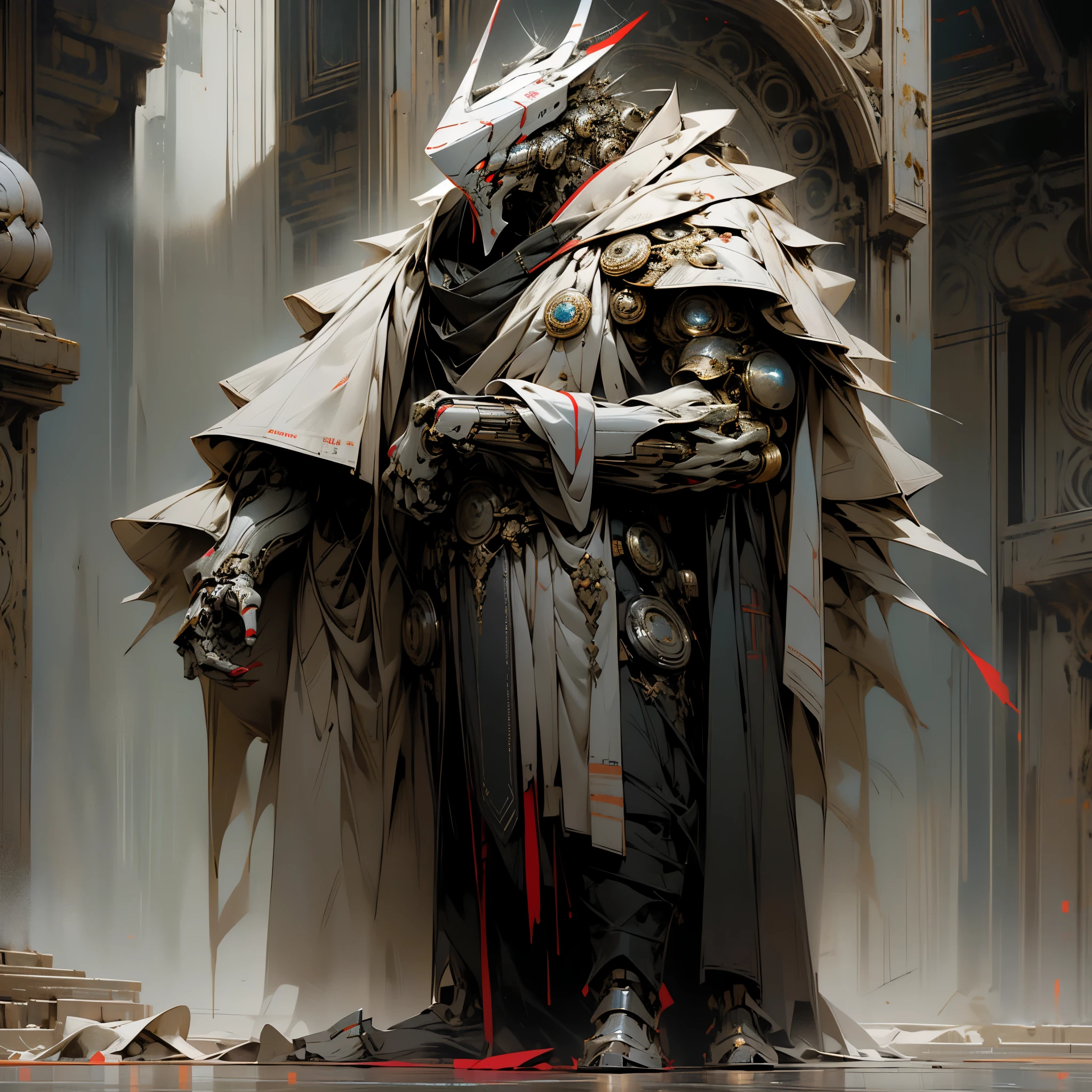 A very intimidating robot, very angular frame, strong body, imperial, monarch, red and white, silver accents, very powerful, standing tall, overwhelming prowess, standing alone, center of the image, horizontal symmetry,
