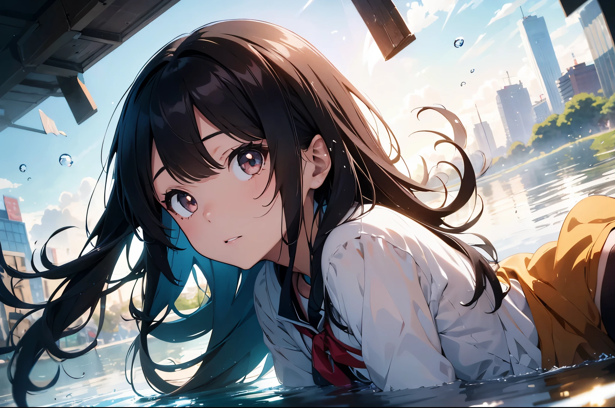 (A beautiful girl is sinking) , in colorful bubbles , brown and black hair, clothes, Gradient eye, anime style, chiaroscuro, depth of field, light, divine light, Ray tracing, reflected light, glowing light, from the side, ((panoramic)), elegant work of art), best quality, high resolution, (Ultra-detailed), anatomically correct, ultra high definition, textured skin
