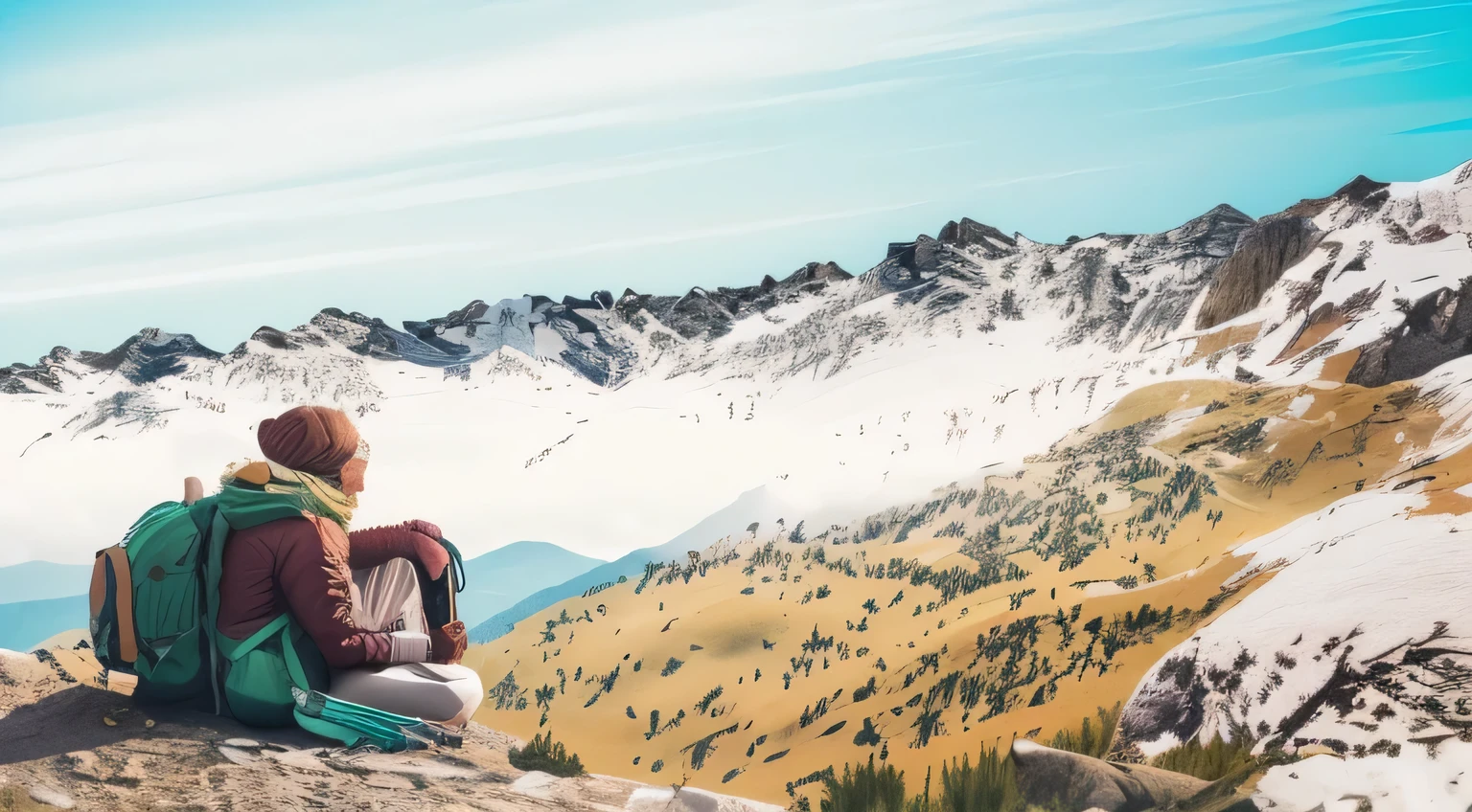 there is a woman sitting on a mountain with a backpack, looking at the mountains, sitting cutely on a mountain, solo hiking in mountains trees, stylized photo, on the top of a mountain, on top of a mountain, sitting atop a dusty mountaintop, a wanderer on a mountain, best on adobe stock, chill time. good view