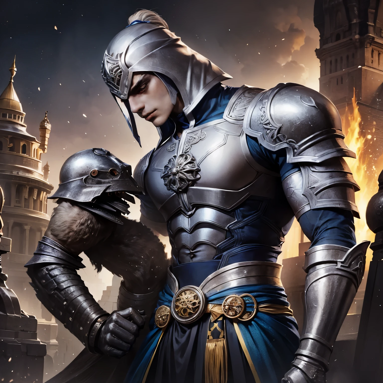 Armadura cavaleiro corpo inteiro, um homem em de cabelo cinza longo ,armadura grega, incredible hero ,arte conceitual de personagens de 8k, airbrush concept art, armadura brilhante grega, , epic fantasy art style, Homem alto cabelo prateado longo . Olhos cinzas . Rosto detalhado. Armadura grega detalhada na cor azul escuro, espada detalhada, corpo detalhado. Rpg. Art .cabelo prateado,sem barba, rosto detalhado , Sem barba !, rosto liso, armadura detalhada , armadura cavaleiro , olhos cinzas brilhantes, rosto detalhado , olhos detalhados, cabelo longo