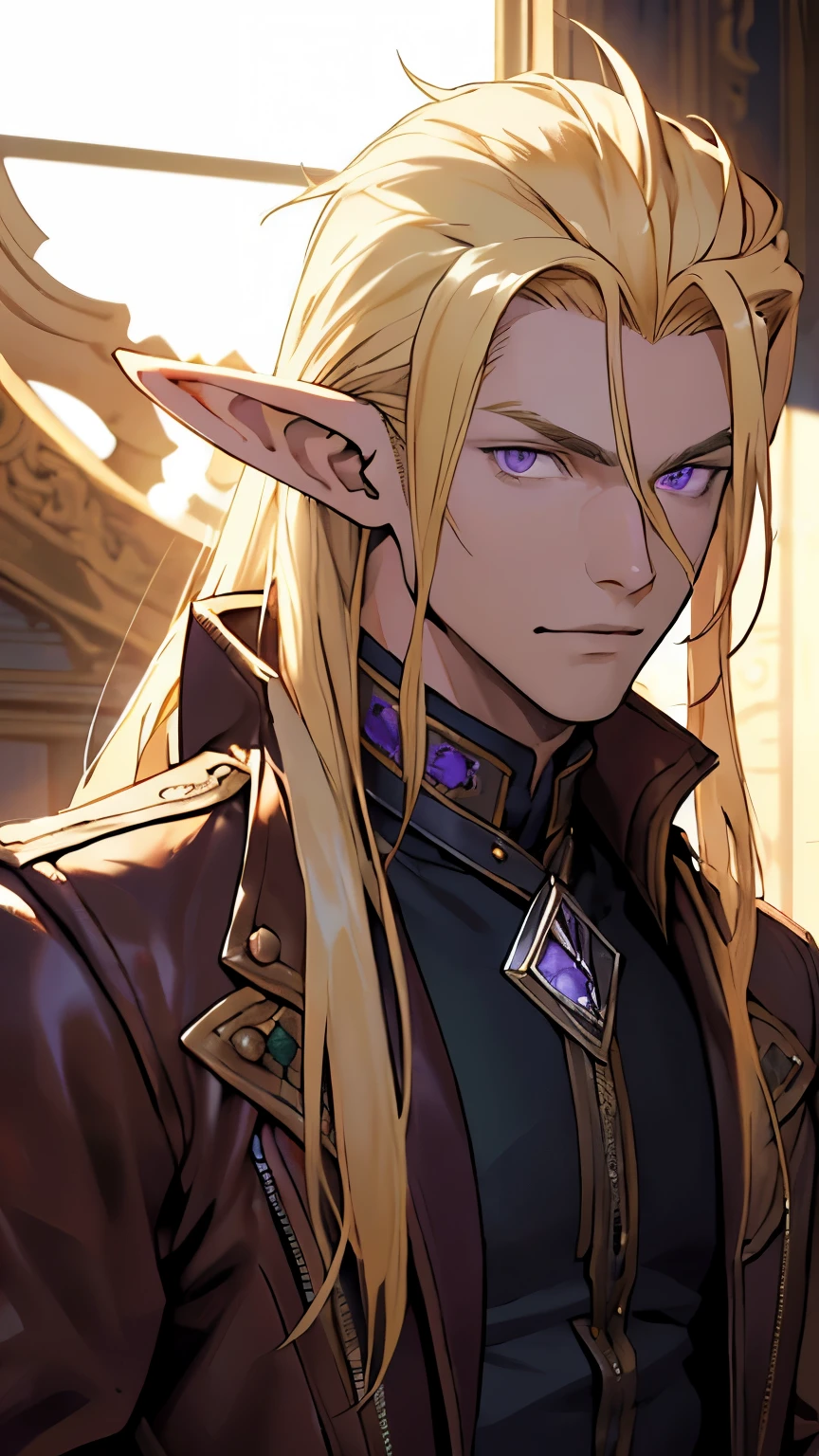 (masterpiece), best quality, high quality, 1 boy, beautiful face, handsome, sunlight, elf ears, pointy ears, handsome, blonde hair, long hair, straight hair, purple eyes, leather clothes, jacket, upper body, room background, looking straight, purple eyes,