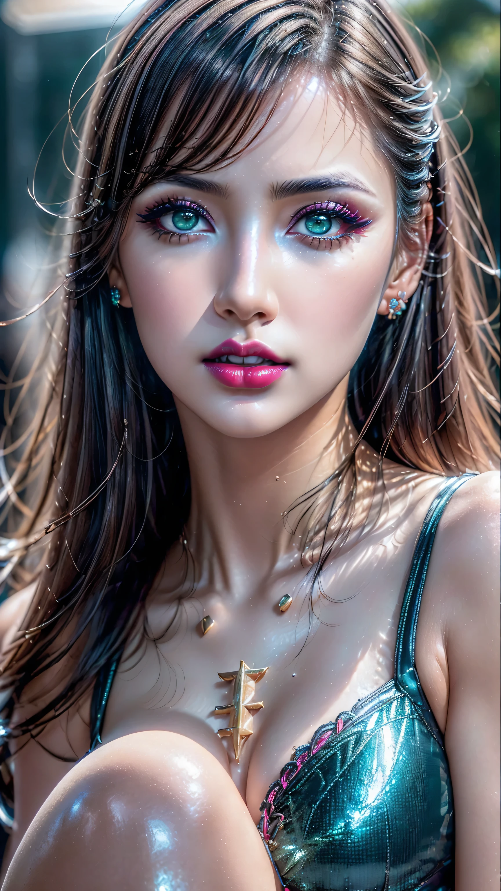 dressed, (details of a very beautiful face)(best quality:1.4)16k resolution,(photo realistic:1.65), (realistic:1.65), (smoother lighting:1.05), (increase cinematic lighting quality:0.2), 16k, (1girl:1.4) 21years old、fashion supermodel、realistic lighting, backlighting, light on face, ray trace, (brightening light:1.1), (Increase quality:1.3), (best quality real texture skin:1.2), (ultra detailed eyes), finely detailed face, ((finely quality eyes)), (tired and sleepy and satisfied:0.0), (detailed lips:1.33)、(Detailed nose:1.2)、(Increase body line mood:1.1), (Increase skin texture beauty:1.3), (small head: 1.4)、(slim face), ((anatomically correct)), pink_makeup:1.25, long_blue_eyeliner:1.2, (red_lipstick:1.32), ((green_eyes:1.2)) perfect dark_eyeshadows:1.3, there a close up of a woman's, (super detailed makeup on eyes:1.3), iridescent eyes, with professional makeup, vibrant eyes:1.2, (((Fluorescent colors:1.33), (translucent:1.4), (Retro filters:1.4), (Fantasy:1.4))), (anatomically correct:1.3)、((cleavage))、(I encourage you to choose a subdued and perfectly coordinated background for your phenomenal, diverse random creation)、(Use any technique of combining materials, natural, artificial, leather, ((Fluorescent glass:1.33)), (light, heavy, airy), metals, elements and fantasy magic, any style, any outfit, choose eyes color, ((hair is a different color than eyes)), dynamic random fancy, professional hairstyles)、(very delicate and beautiful、fine details:1.3)、 (ultra sharp fouatte skin:1.45)、((from the Knee Up:1.3))、((the Fluorescent glass glows with ultraviolet lighting:1.22)), (((flashed, Diffusion of light:1.4))), UHD