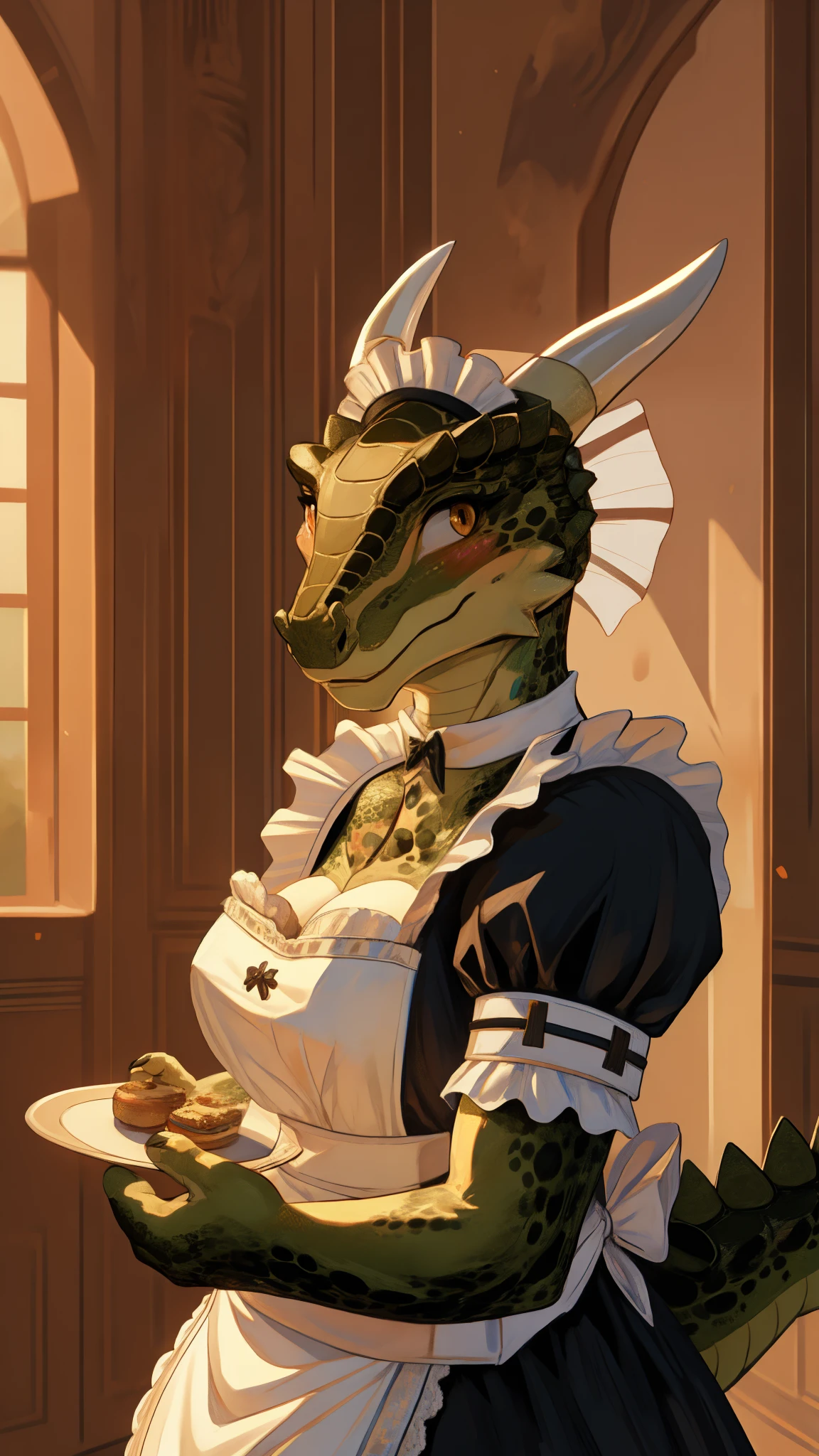 anime, hdr, soft light, ((best quality)), ((masterpiece)), (detailed), lustyargonian, maid, colored skin, green skin, maid headdress, tail, horns, (scales:1.2), (snout, animal nose:1.1), blush, embarrassed, (looking at viewer:1.1), cowboy shot,  captivating pose, mansion, 