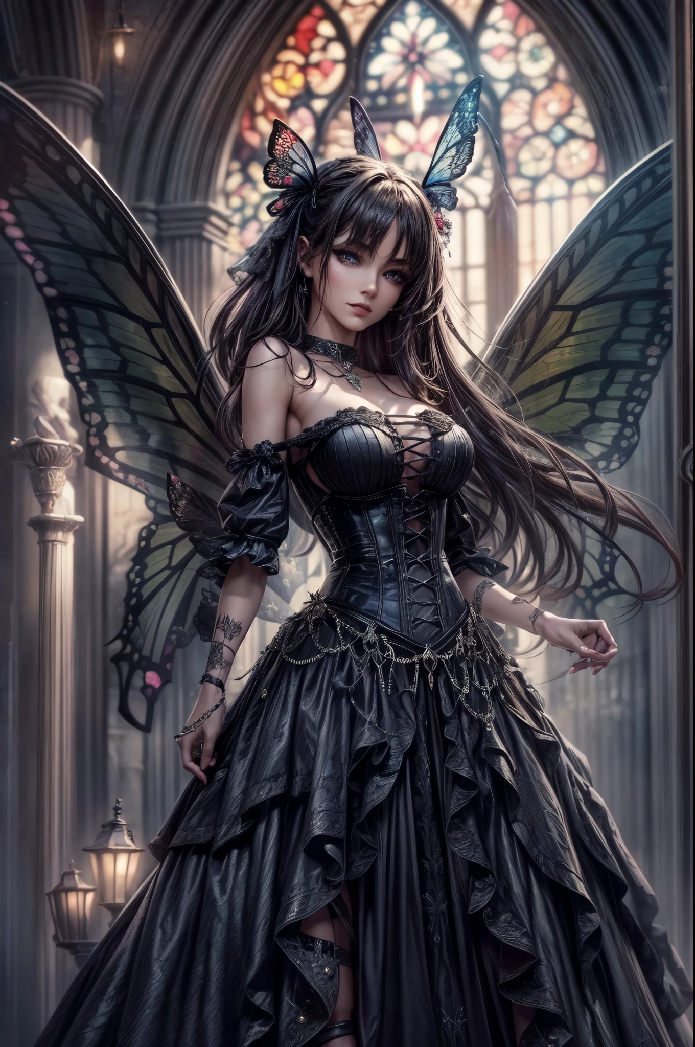 high details, best quality, 16k, RAW, [best detailed], masterpiece, best quality, (extremely detailed), full body, ultra wide shot, photorealistic, dark fantasy art, goth art, RPG art, D&D art, a picture of a dark female fairy in a goth church extremely beautiful fairy, ultra feminine (intense details, Masterpiece, best quality), best detailed face (intense details, Masterpiece, best quality), having wide butterfly wings, spread butterfly wings (intense details, Masterpiece, best quality), dark colors wings (intense details, Masterpiece, best quality), black hair, long hair, shinning hair, flowing hair, dark smile, wicked smile, blue eyes, dark red lips, wearing [red] dress latex corset (intense details, Masterpiece, best quality), dynamic elegant dress bondage gear, chocker, wearing high heels, (intense details, Masterpiece, best quality) a dark goth era street background, dim light, cinematic light, gaslight lamp light, High Detail, Ultra High Quality, High Resolution, 16K Resolution, Ultra HD Pictures, 3D rendering Ultra Realistic, Clear Details, Realistic Detail, Ultra High Definition hihelz