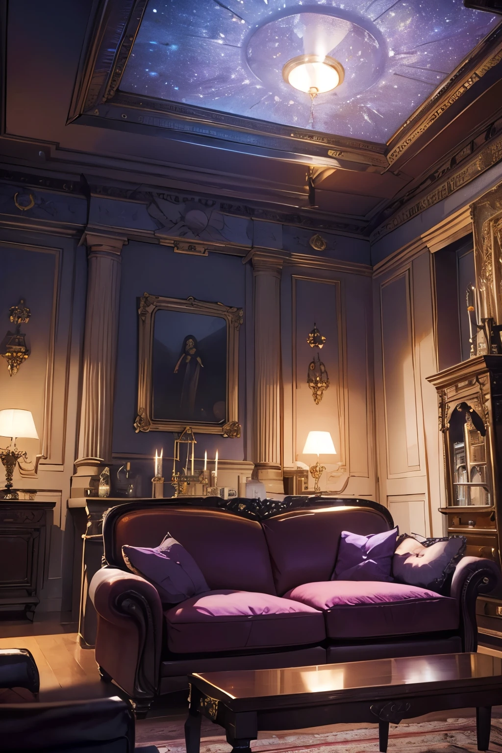 Interior, victorian Manor with reliquies, (((Nigth))), (((moonligth enters the living room))) soft pale orange palette, soft violet secundary exterior ligth