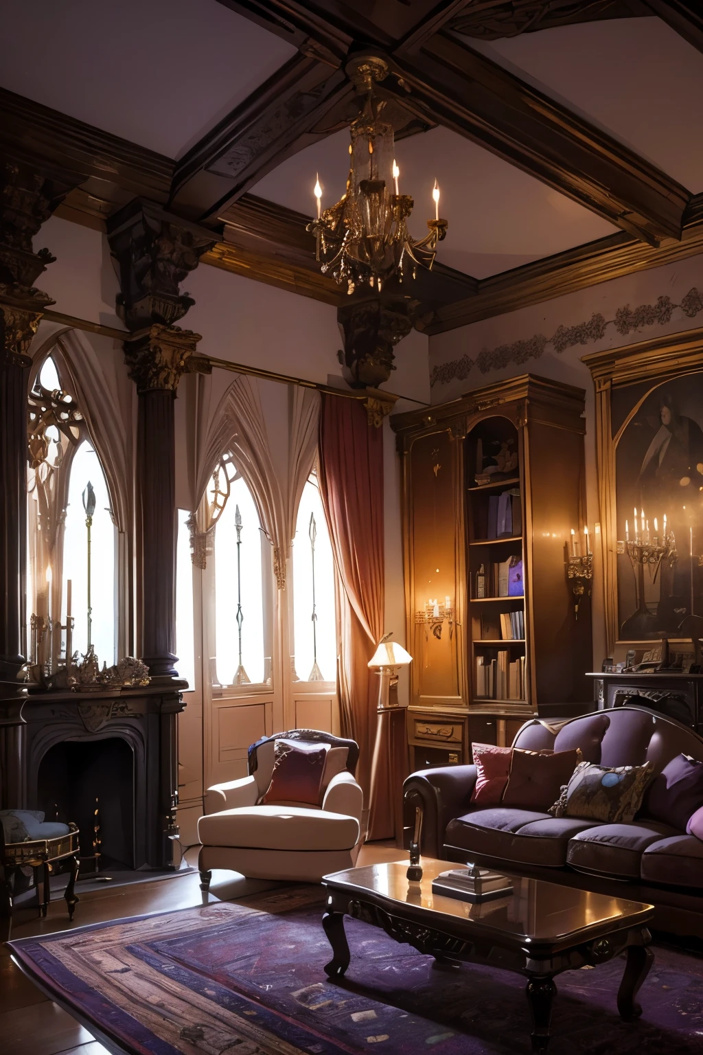 Interior, victorian Manor with reliquies, (((Nigth))), (((moonligth enters the living room))) soft pale orange palette, soft violet secundary exterior ligth