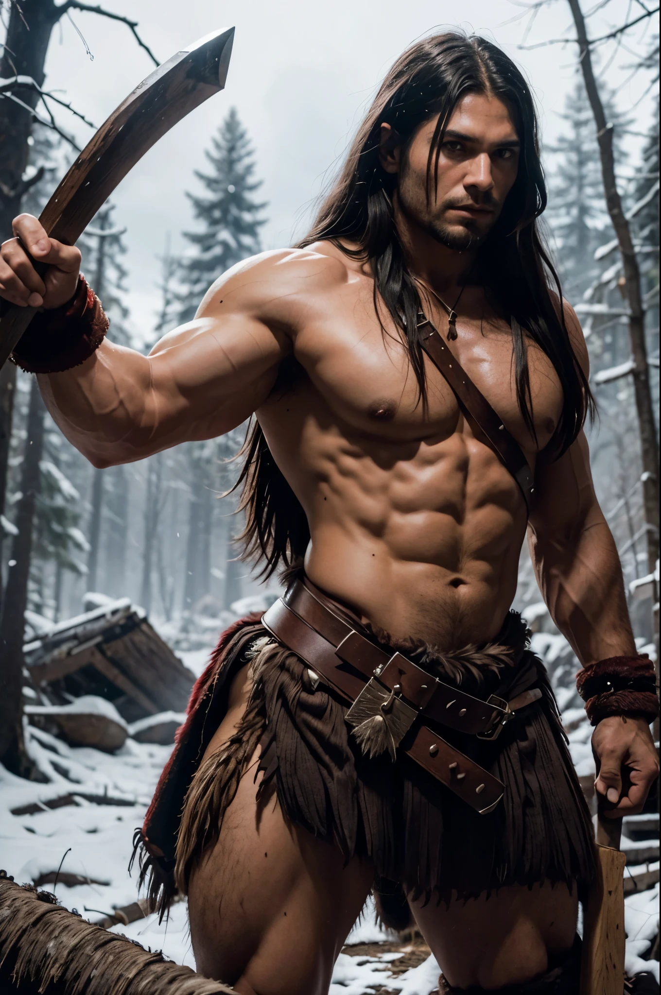 muscular barbarian, long hair, wearing clothes made of bearskin, holding an ax stained with blood, war scene, many dead scattered on the ground