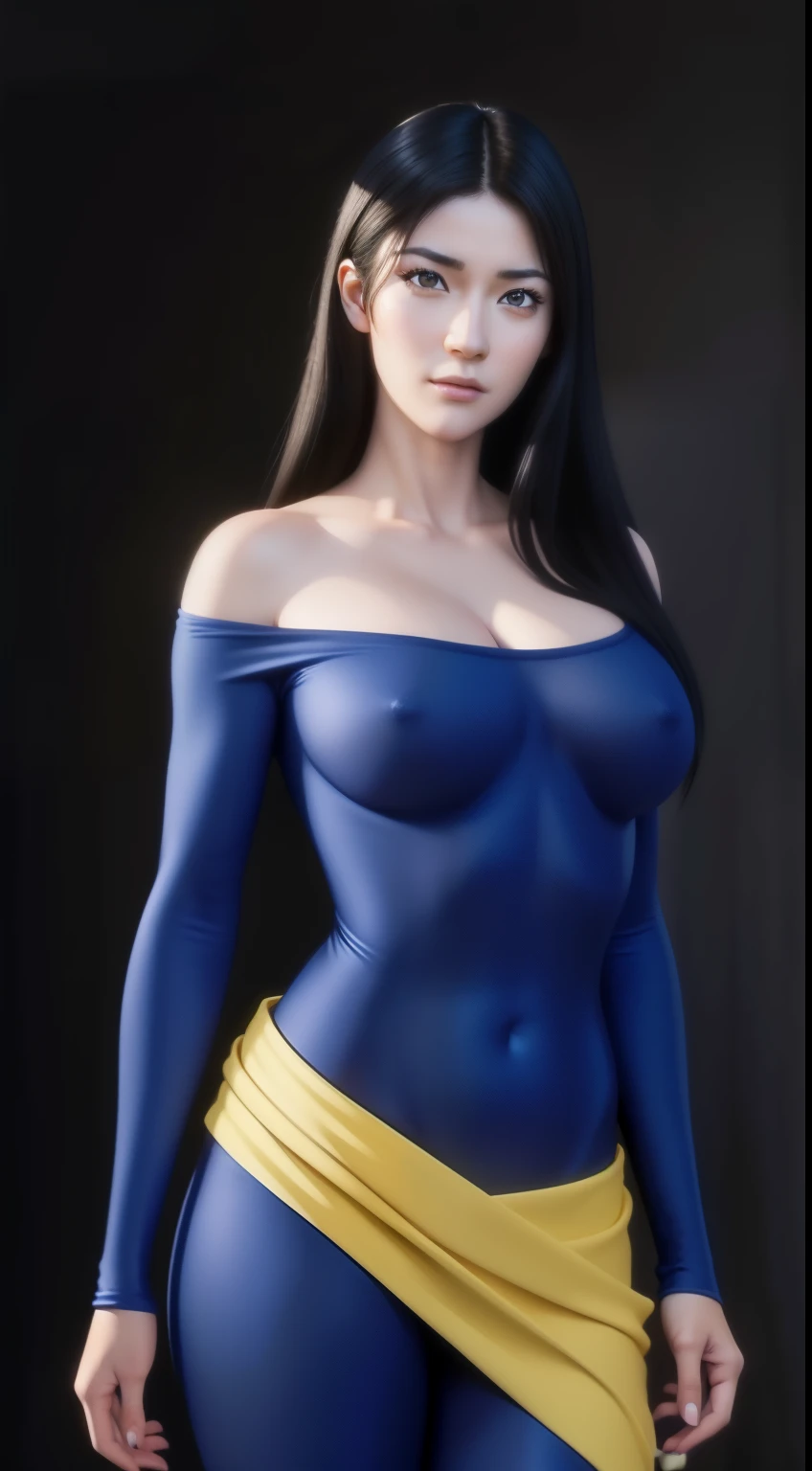 masterpiece, best quality, highly detailed, ultra high resolution, (photorealistic: 1.8), unreal_engine, photography, realistic_skin_texture, wallpaper, 1 boy, hayato kasukabe, japanese face, (ultra detailed face), 8k, trending on artstation, highly detailed , best quality, ultra detailed, realistic, Hitomi Kisugi, 1 girl, beautiful girl, long black hair, beautiful detailed eyes, beautiful detailed lips, eyelashes, beautiful eyes, beautiful brown eyes, detailed face, beautiful face, beautiful face, blue bodysuit, dressed in blue, off the shoulder, a thin yellow sash around the waist, bright colors, HDR, studio lighting, sharp focus, in action towards the spectator, posing towards the spectator.