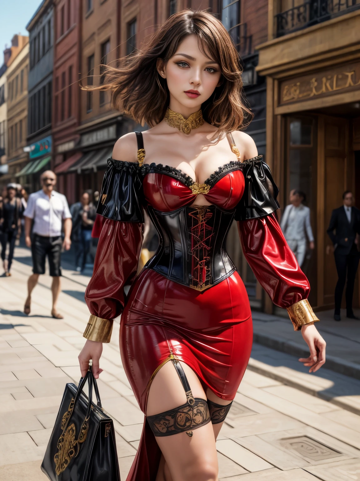 a close up of a woman in a red dress walking down a street, latex outfits, ornate dark red opulent clothing, latex dress, intriguing outfit, in detailed steampunk dress, intricate latex set, captivating and enticing, wearing an ornate outfit, red leather corset, red and gold ornate dress, ornate dress, extravagant dress, latex shiny, rich red colors