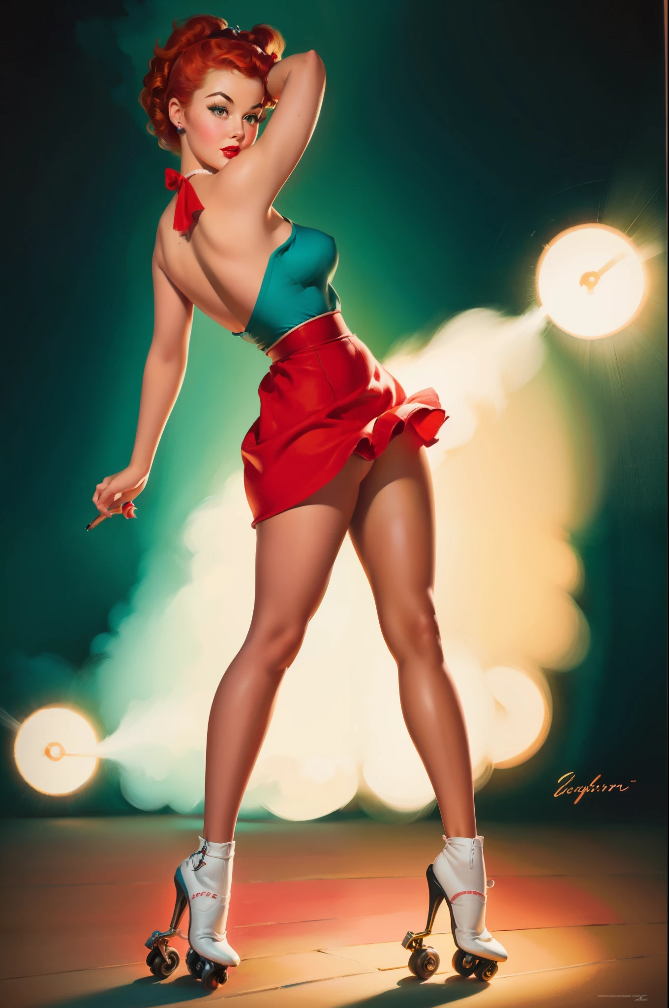 20 years old Girl waitress on roller skates, medium breast, shining skin, dramatic lighting, pin up style, sexy, surprised, , colorful , masterpieces, ilustrated, shining skin, detailed face, Medium breast. tight body. red hair, Illustrated BY Zoe Mozert, pinup art byZoe Mozert, vintage pin up, illustrated by Zoe Mozert, girl pinup, pinup girl, pin-up poster girl, pin up girl, pinup, pin - up girl, Detailed face, Detailed Hands, Detailed legs,