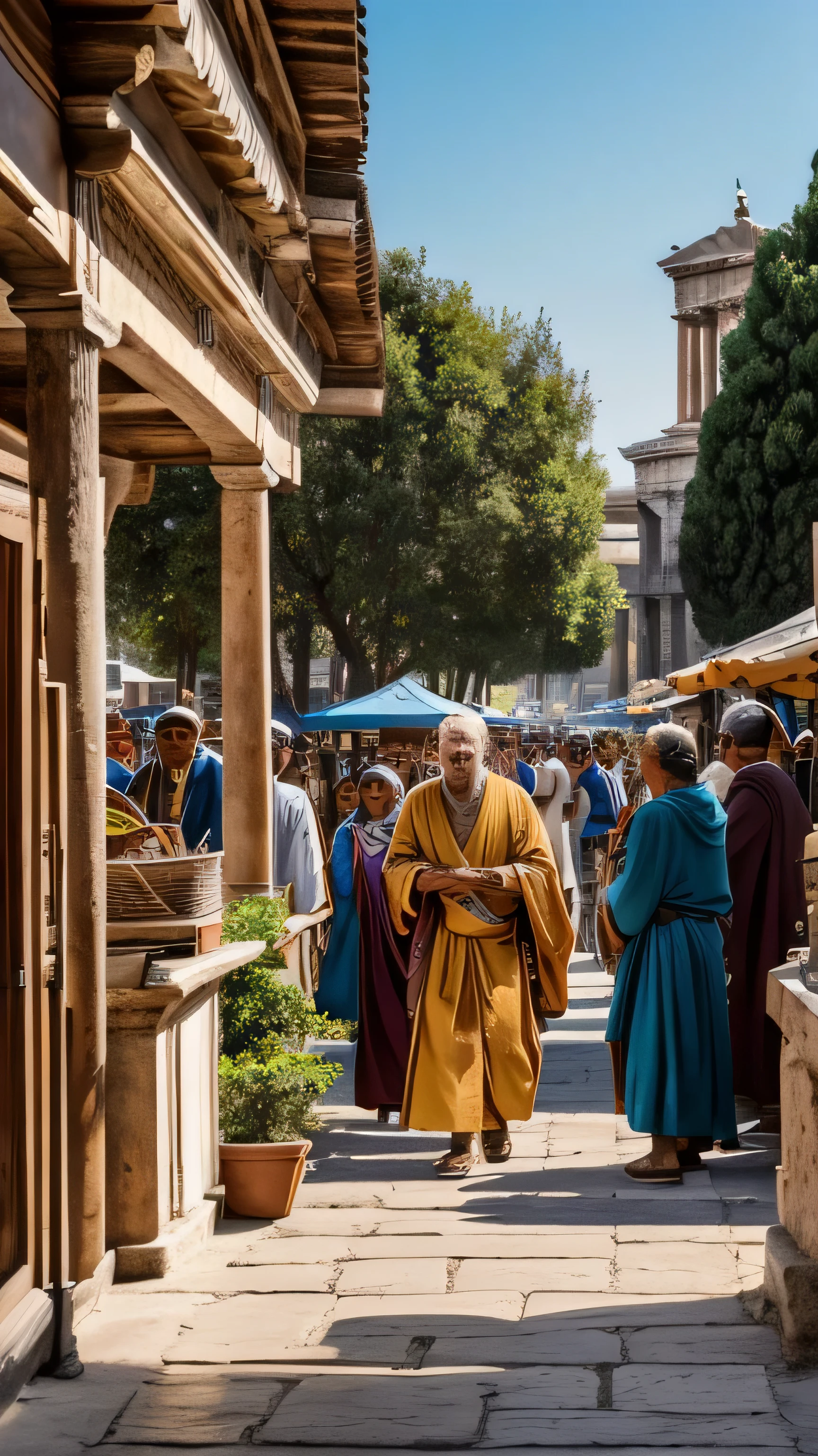 (best quality,4k,8k,highres,masterpiece:1.2),ultra-detailed,(realistic,photorealistic,photo-realistic:1.37),vivid colors,HDR,UHD,professional,studio lighting,extreme detail description

Scene: A bustling Athenian Agora with Diogenes engaged in a philosophical debate with a prominent politician.

Additional Details: The Agora is filled with different stalls, vendors, and citizens going about their daily activities. There are colorful awnings covering the stalls, and people are interacting with one another, engaging in conversations or examining the different goods being sold. The scene is vibrant and displays the vibrant energy of the ancient Greek marketplace.

Diogenes: Diogenes is depicted as a middle-aged man with a long beard and tattered clothing, symbolizing his rejection of material possessions. His body language conveys a sense of confidence and intellectual prowess. He engages in a philosophical debate with a prominent politician, using animated gestures to express his ideas.

Prominent Politician: The prominent politician is portrayed with an air of importance and authority. He is dressed in elegant robes and wearing a laurel wreath, representing his position of power. His facial expression displays a mixture of curiosity and interest as he listens to Diogenes' arguments.

Lighting: The scene is bathed in warm sunlight, casting long shadows and creating a sense of depth. The sunlight highlights the bustling activity in the marketplace and creates a dynamic interplay of light and shadow.

Color Palette: The color palette is rich and vibrant, with warm tones dominating the scene. Deep blues and earthy browns are used to depict the architecture and stalls, while splashes of vibrant colors are seen in the clothing of the people and the goods being sold.

Artistic Style: The scene is depicted in a realistic and detailed style, capturing the intricate architecture of the Agora, the expressions of the people, and the overall atmosphere of the bustling marketplace. The artwork incorporates elements of historical accuracy, ensuring an authentic representation of the Athenian Agora.

Tags: bustling Athenian Agora scene, Diogenes, philosophical debate, prominent politician, vibrant colors, HDR, UHD, professional, studio lighting, extreme detail description