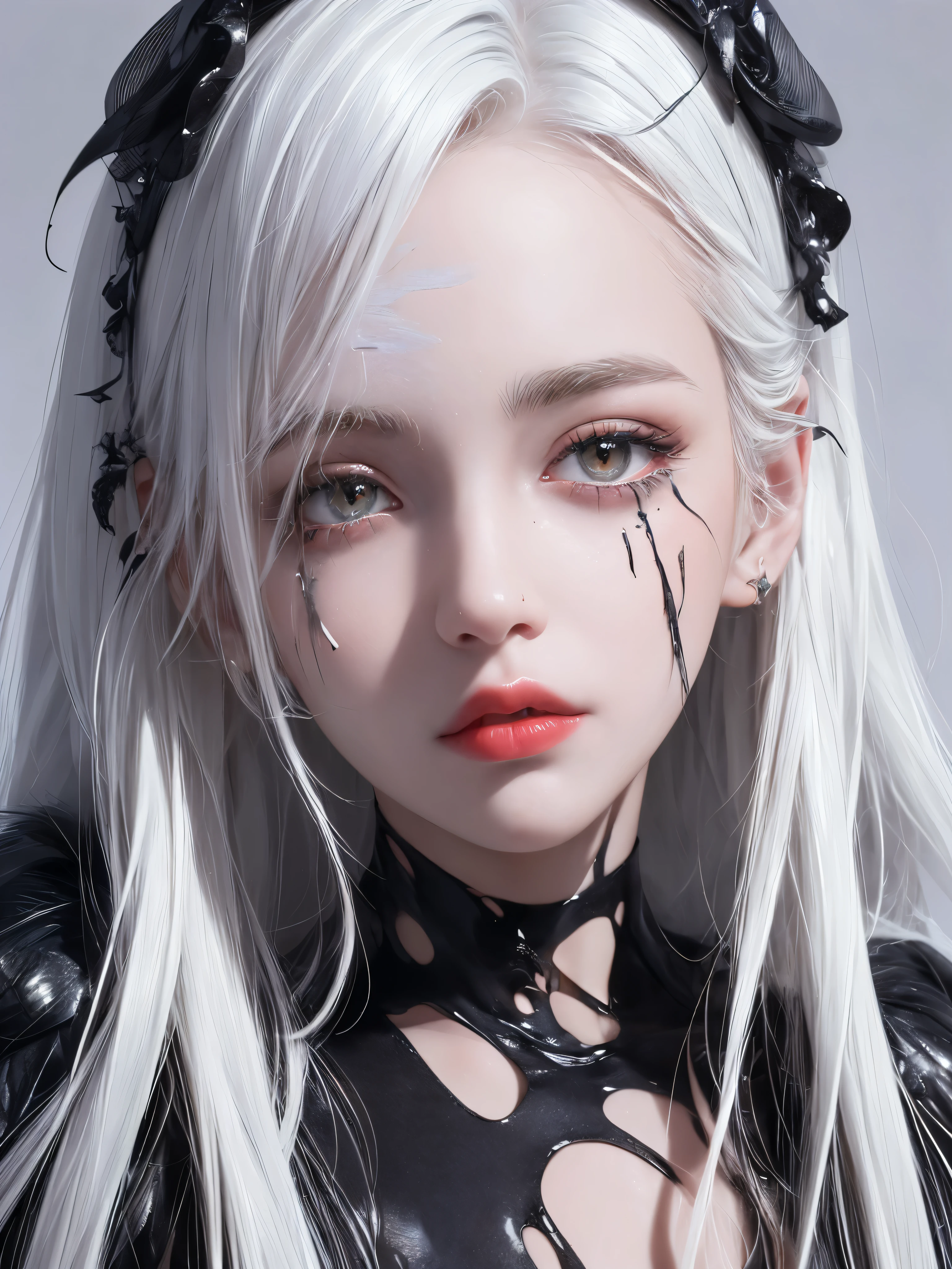 (Masterpiece, Best quality), depth of field, Detailed eye, ((computer illustration)), ((focus on the face)), ((​Masterpiece)), ((8K)), ((ultra detailed)), ((Ultra-high image quality)), ((cinematic)), ((Photorealistic)), ((close-up)), (One), (Beautiful girl), dirty long hair, Ahoge, (((White hair, red inner hair))), wild hair, (((slender body))), Glossy leather, ((looking)), (Beautiful gothic girl with high cheeks and legs), black tracksuit, gothic makeup, Clear eyes, jig eyes, pomade, Dark eye shadow, ((Functional)), Oneочество, visual, detailed eyes, heterochromia, Right eye:blue, left eye: red, violet, Detailed gray room background, tired eyes, (((Bandages on the face))), blood