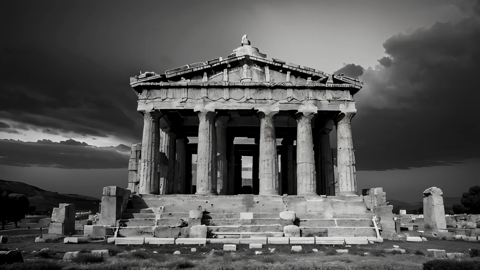 A dark landscape image of an ancient greek society deeply connected to stoicism, black and white, ancient greek architecture