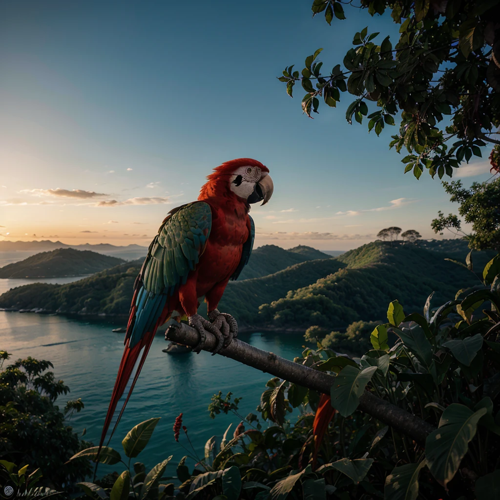 Beautiful Amazonian red macaw perching on a branch at sunset, penas surreais, asas abertas e azuis, front view, na floresta tropical com pequeno rio em um entardecer, crystal clear water, plantas, flores, colorida, animais selvagens, Fotografia realista em 8K, Surrealismo, Ultra Cinematic Lighting, atmospheric, printable