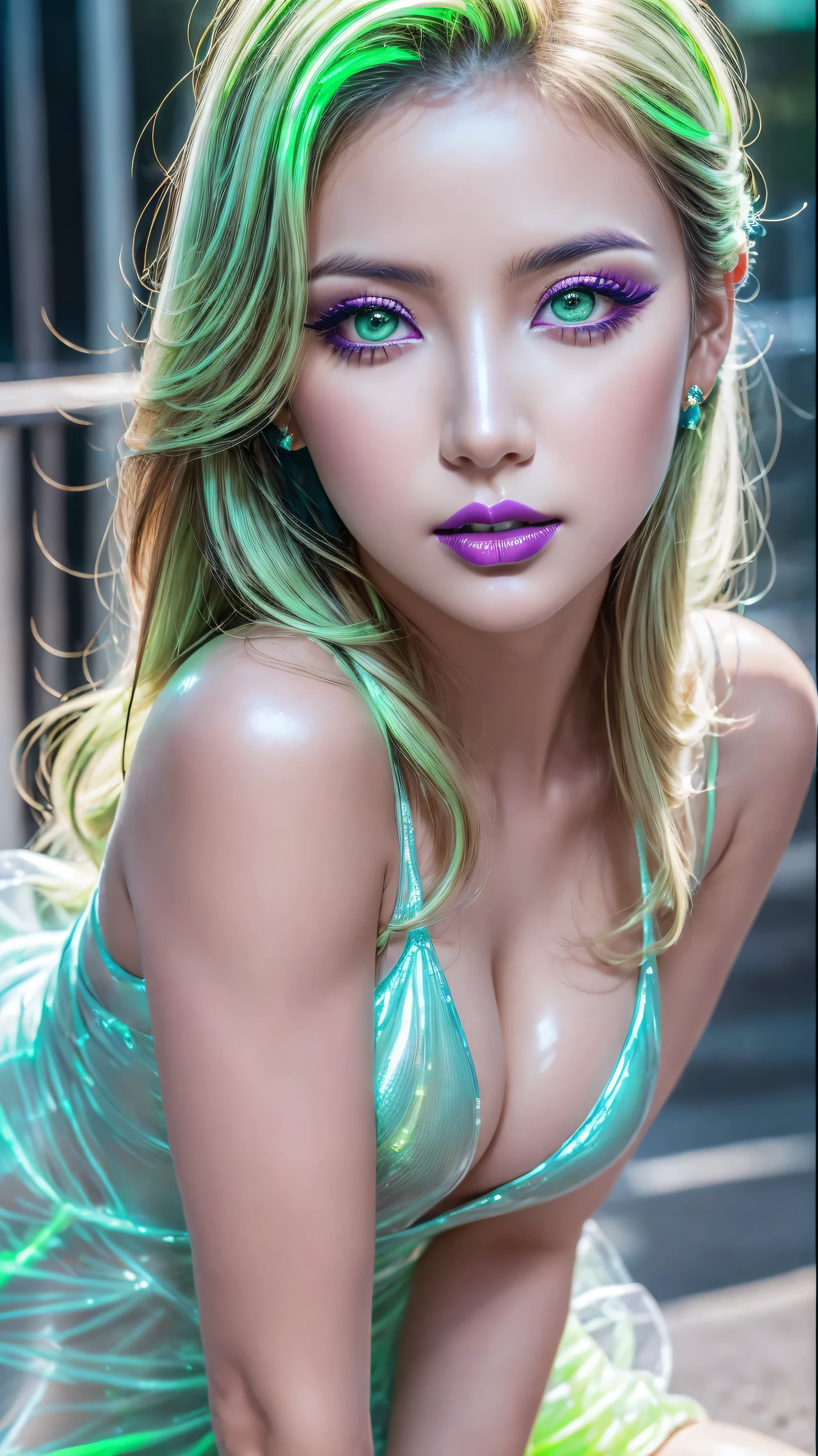 dressed, (details of a very beautiful face)(best quality:1.4)16k resolution,(photo realistic:1.65), (realistic:1.65), (smoother lighting:1.05), (increase cinematic lighting quality:0.2), 16k, (1girl:1.4) 21years old、fashion supermodel、realistic lighting, backlighting, light on face, ray trace, (brightening light:1.1), (Increase quality:1.3), (best quality real texture skin:1.2), (ultra detailed eyes), finely detailed face, ((finely quality eyes)), (tired and sleepy and satisfied:0.0), (detailed lips:1.33)、(Detailed nose:1.2)、(Increase body line mood:1.1), (Increase skin texture beauty:1.3), (small head: 1.4)、(slim face), ((anatomically correct)), pink_makeup:1.25, long_blue_eyeliner:1.2, (red_lipstick:1.32), ((aqua_green_eyes:1.3)) perfect dark_eyeshadows:1.3, (super detailed makeup on eyes:1.3), iridescent eyes, with professional makeup, vibrant eyes:1.2, (((Fluorescent colors:1.33), (translucent:1.4), (Retro filters:1.4), (Fantasy:1.4))), (anatomically correct:1.3)、((cleavage))、(((Fluorescent glass:1.33)), (light, heavy, airy), ((((hair is a different color than eyes)), dynamic random fancy, professional hairstyles:1.4))、(very delicate and beautiful、fine details:1.3), (((wearing a translucent dress of fluorescent glass:1.35))), (((the Fluorescent glass glows with ultraviolet lighting:1.32))), (((spread her legs:1.35)))、(((flashed, Diffusion of light:1.4))), UHD, ((body shot to knees:1.32))、