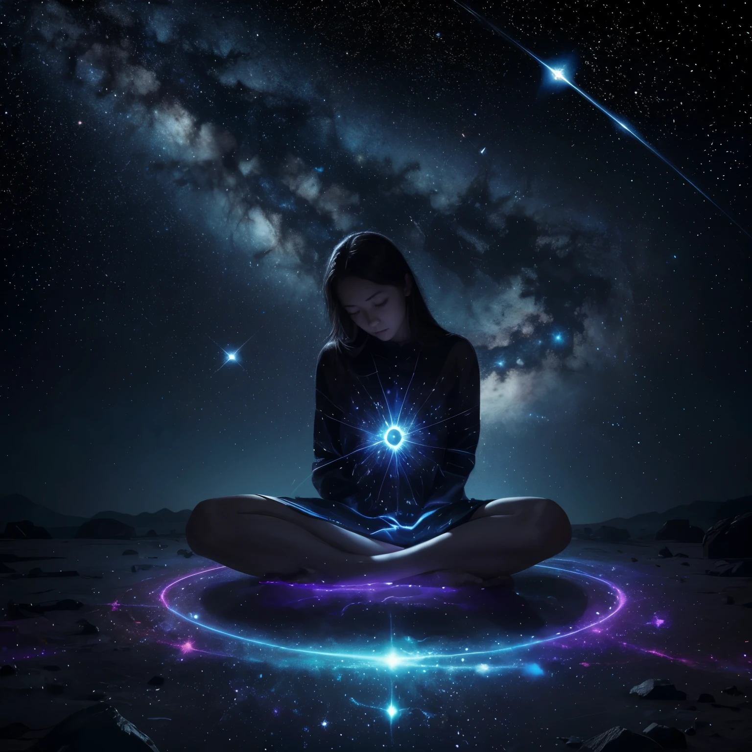 God, humam desolving into stars and cosmic lights. Eternal soul and consciousness. Life pulse. Body desolves into stars and lighr