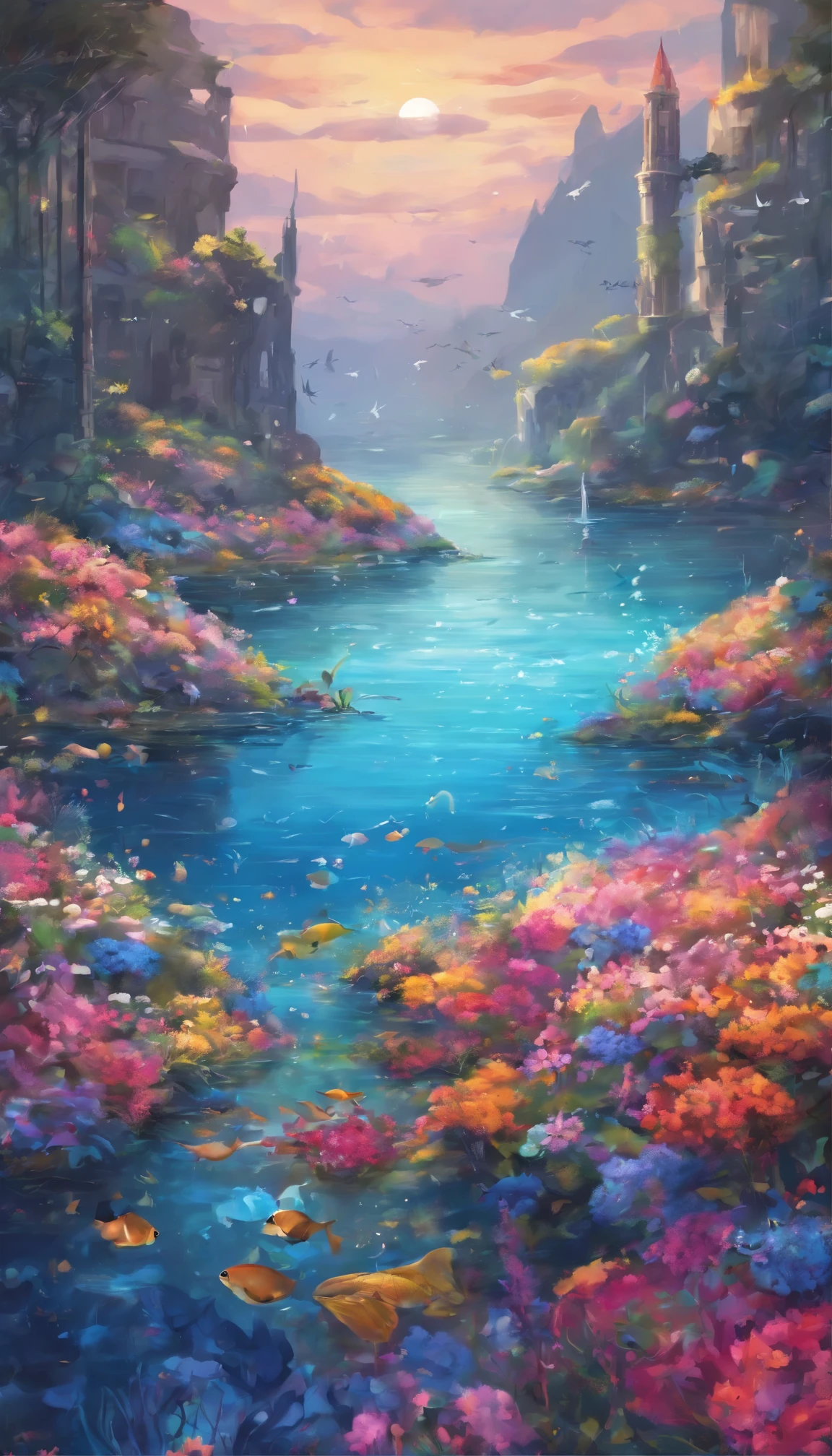 ocean, a pavement consisted by flowers covered on the ocean, beautiful and realistic, vivid colors