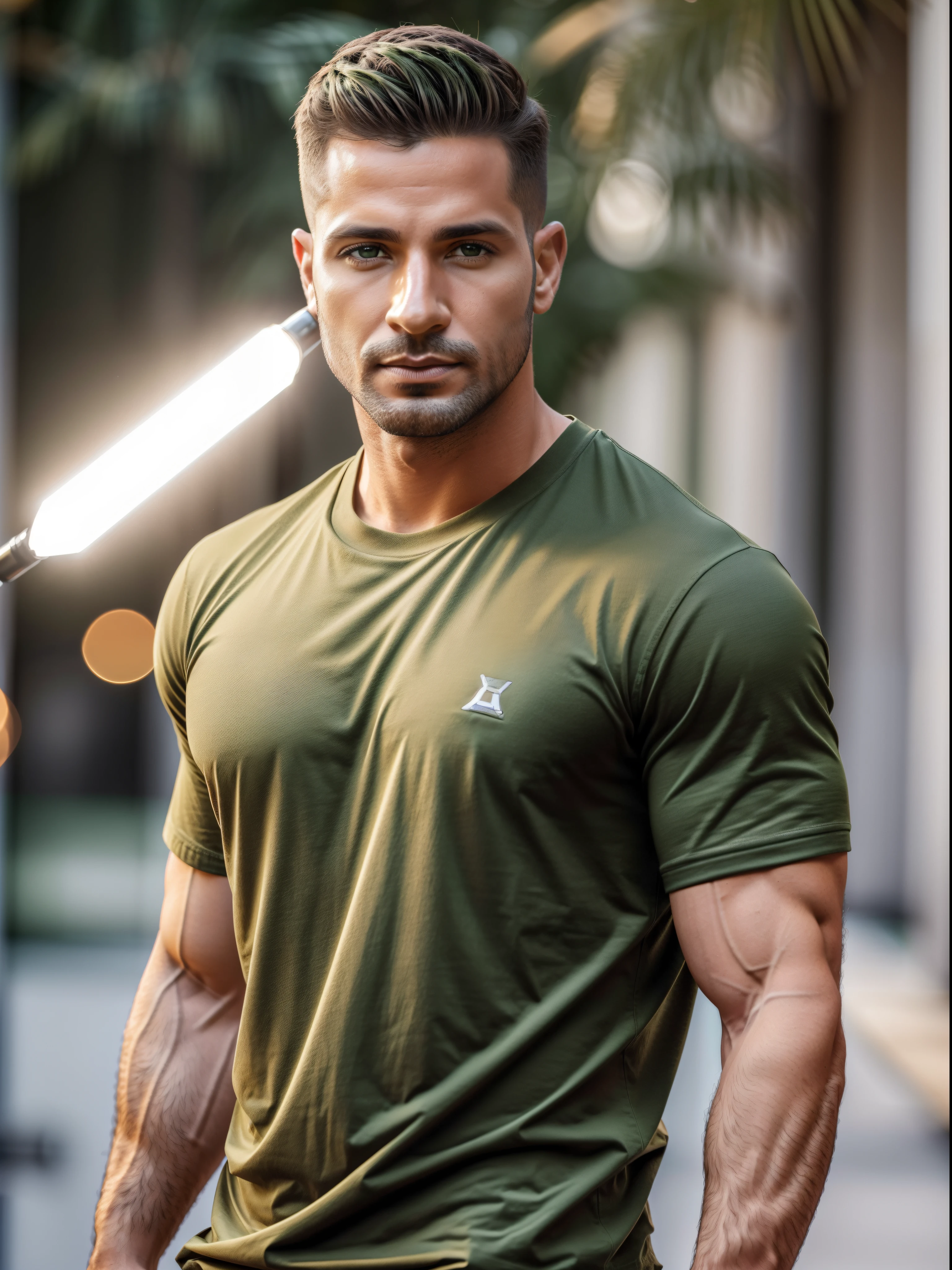 Crie uma ((fotografia realista)) of a handsome (homem de 35 anos), homem (light brown with short hair), homem com (corpo definido), (((usando uma bermuda verde e um t-shirt))), ((casual clothing)), de alta qualidade, (qualidade intrincada), (detalhes intrincados), (destaque o homem no centro da foto), em uma (pose sexy e masculina), use uma ((luz intensa difusa sem sombras)), rosto perfeitamente iluminado, foco nos olhos brilhantes e cor de mel, Highlight the big natural lips and big nose, use a melhor qualidade: big nose, chromatic aberration abuse, UHD, retina, masterpiece, ccurate, (((anatomically correct))), textured skin, super detail, high details, high quality, award winning, best quality, highres, 1080P, HD, 4K, 8k, 16k --q 5