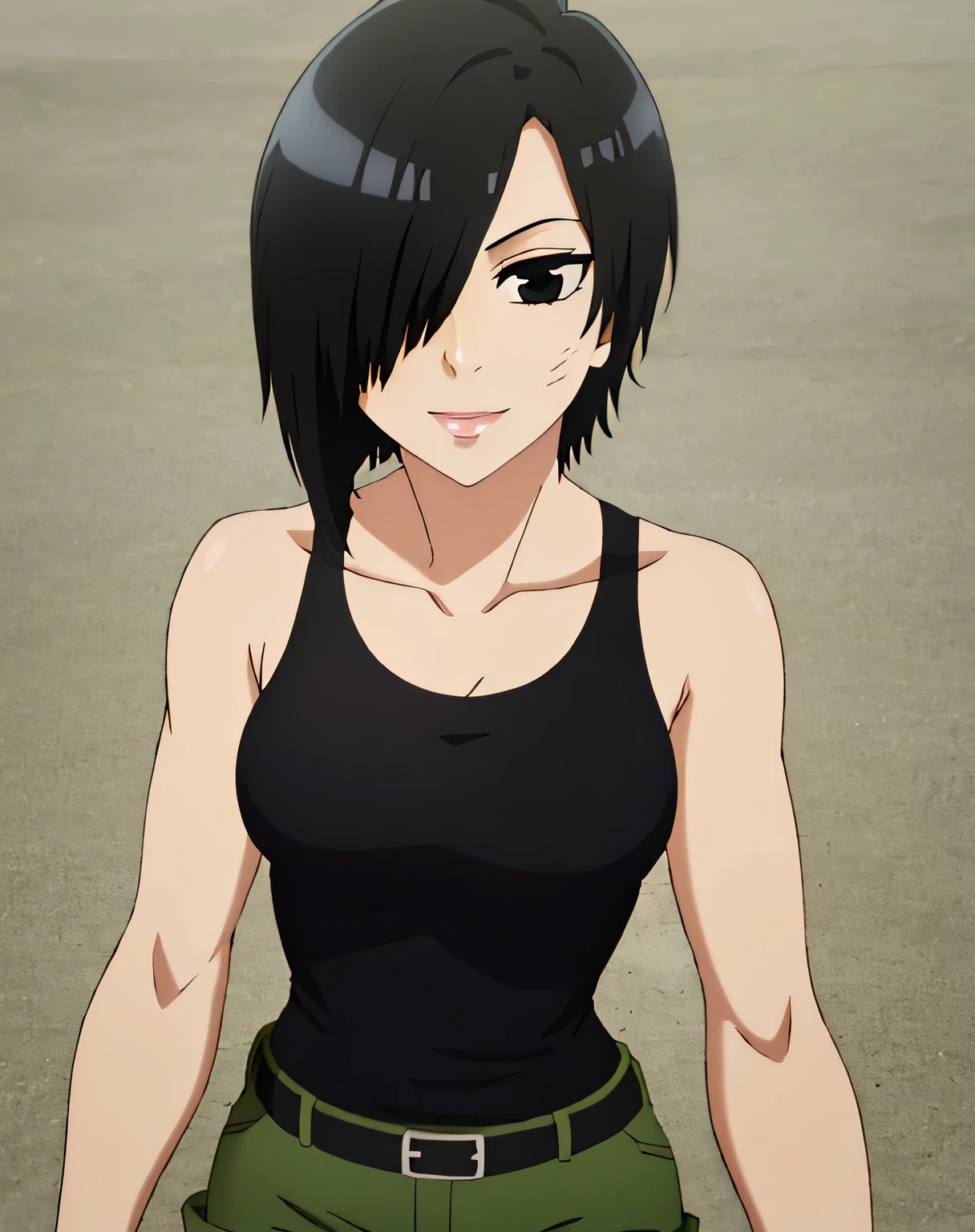 NK CELL, SHORT HAIR, BLACK HAIR, (HAIR OVER ONE EYE:1.5), (BLACK EYES:1.5), SHORTS, BELT, TANK TOP, GREEN SHORTS, COLLARBONE, CLEAVAGE, BARE SHOULDERS, BARE ARMS, 1girl, solo, upper body, facing viewer, (looking at viewer:1.5), in the center, smile,