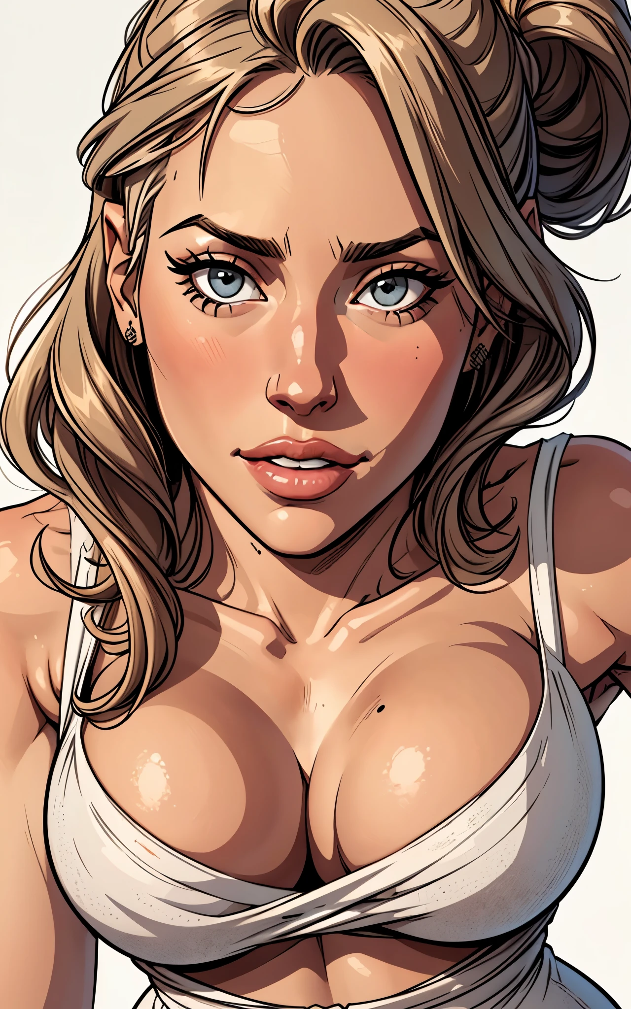 close up, face portrait of a  jennifer Anniston, casual dress, cleavage, pawg, simply white background