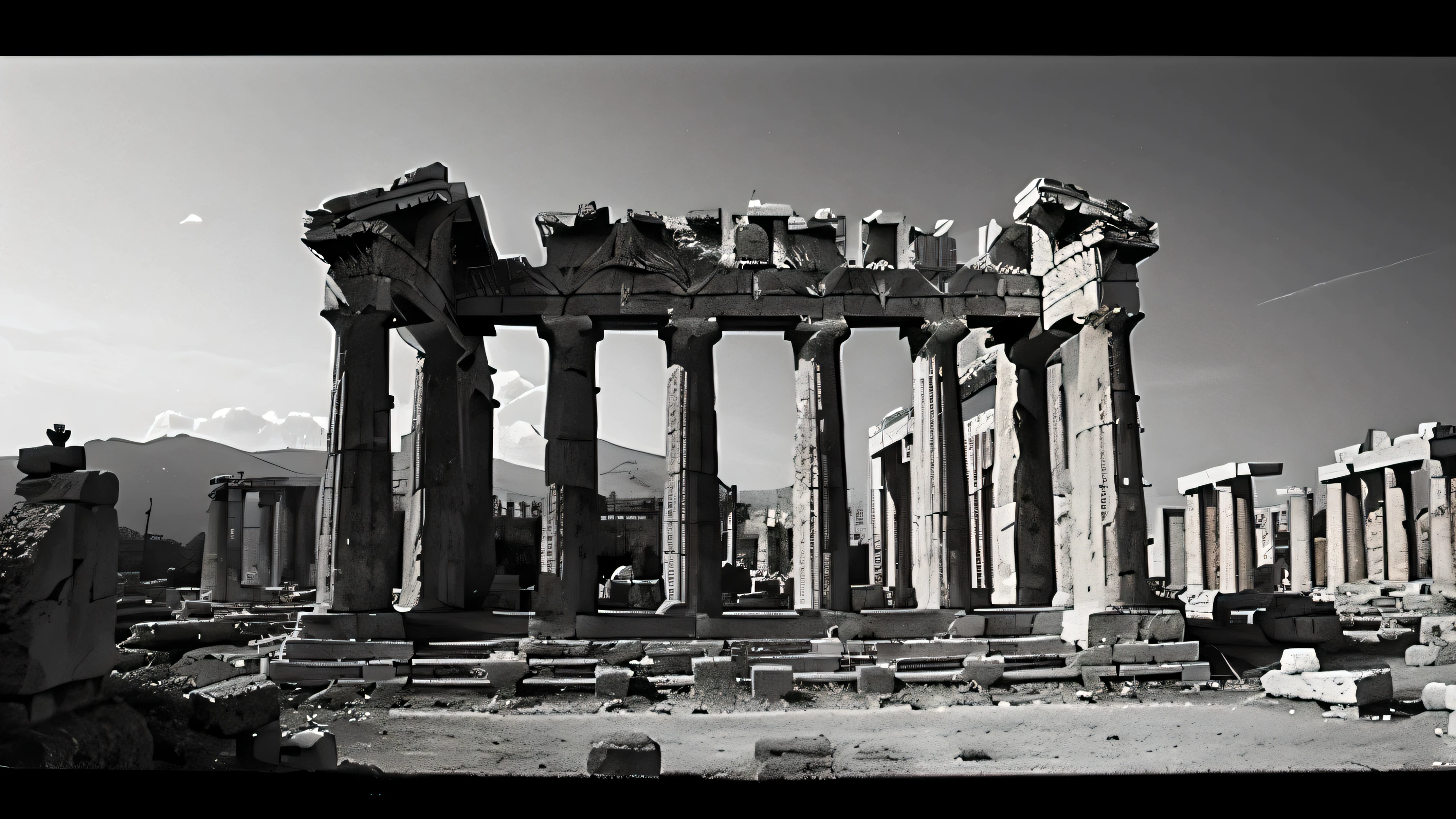 A dark landscape image of an ancient greek society deeply connected to stoicism, black and white, ancient greek architecture