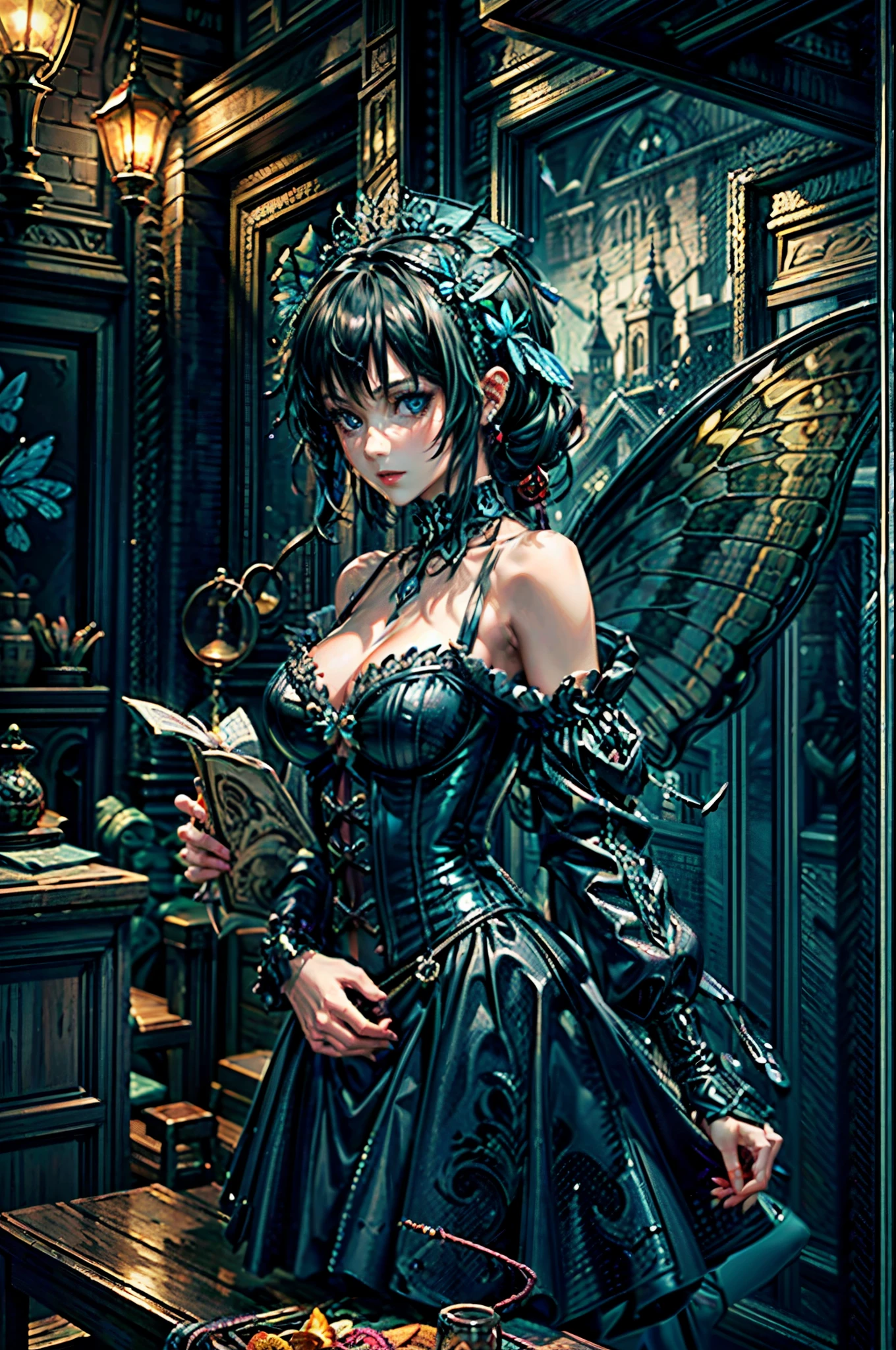 high details, best quality, 16k, RAW, [best detailed], masterpiece, best quality, (extremely detailed), full body, ultra wide shot, photorealistic, dark fantasy art, goth art, RPG art, D&D art, a picture of a dark female fairy in a goth church extremely beautiful fairy, ultra feminine (intense details, Masterpiece, best quality), best detailed face (intense details, Masterpiece, best quality), having wide butterfly wings, spread butterfly wings (intense details, Masterpiece, best quality), dark colors wings (intense details, Masterpiece, best quality), black hair, long hair, shinning hair, flowing hair, dark smile, wicked smile, blue eyes, dark red lips, wearing [red] dress latex corset (intense details, Masterpiece, best quality), dynamic elegant dress bondage gear, chocker, wearing high heels, (intense details, Masterpiece, best quality) a dark goth era street background, dim light, cinematic light, gaslight lamp light, High Detail, Ultra High Quality, High Resolution, 16K Resolution, Ultra HD Pictures, 3D rendering Ultra Realistic, Clear Details, Realistic Detail, Ultra High Definition hihelz
