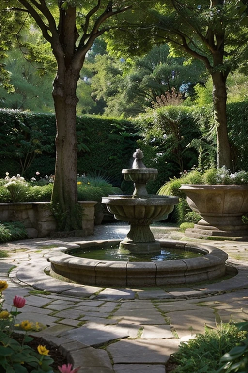 Create a breathtaking image of a lush, vibrant garden filled with a variety of colorful flowers and trees. The garden is surrounded by tall, ancient trees that provide shade and create a sense of seclusion. The sunlight filters through the leaves, casting dappled shadows across the garden. In the center of the garden, there is a large fountain with a statue of a mythical creature at its center. The water is crystal clear, and the sound of the fountain's gentle splashing creates a soothing melody that fills the air.

The flowers are a mix of exotic and traditional varieties, with vibrant colors and delicate petals. There are roses, daisies, sunflowers, and lilies, among others, each one more beautiful than the last. The trees are adorned with hanging vines and flowering branches, creating a canopy of color and texture. In the distance, there is a small pond with a family of swans gliding gracefully across the water.

The garden is surrounded by a low stone wall, covered in moss and vines, giving it a sense of age and history. The pathways are made of stone and gravel, leading visitors on a winding journey through the garden. There are benches and seating areas throughout, inviting visitors to sit and take in the beauty of the garden.

The overall mood of the garden is one of peace and tranquility, a place where visitors can escape the stresses of everyday life and connect with nature. The color palette is soft and calming, with shades of green, blue, and purple, and the lighting is warm and inviting. The garden is a place where visitors can relax, rejuvenate, and connect with the natural world